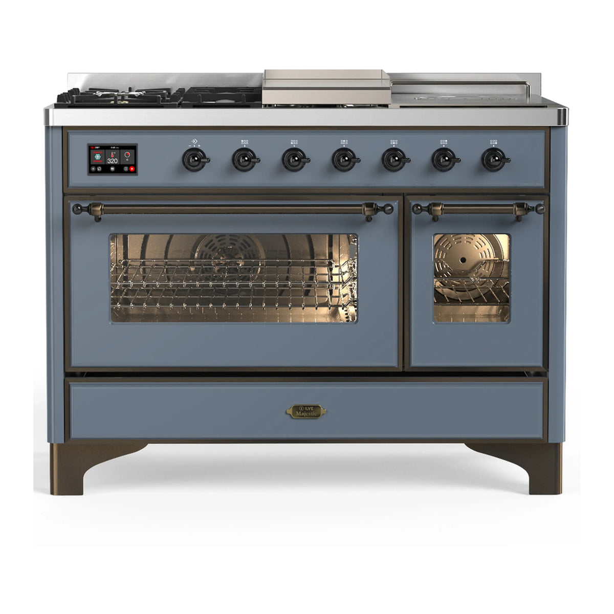 ILVE Majestic III 48-Inch Dual Fuel Range, 5 LP Burners, Griddle, French Top, Triple Glass Door, Blue Grey, Burnished Trim (UM48FSNR3BGBLP)