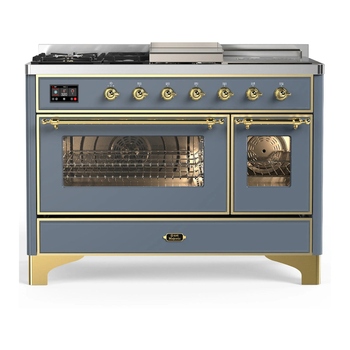 ILVE Majestic III 48-Inch Dual Fuel Range, 5 LP Burners, Griddle, French Top, Triple Glass Door, Blue Grey, Brass Trim (UM48FSNR3BGGLP)