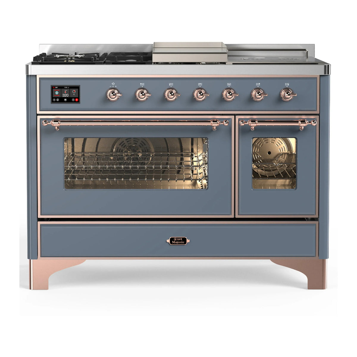 ILVE Majestic III 48-Inch Dual Fuel Range, 5 NG Burners, Griddle, French Top, Triple Glass Door, Blue Grey, Copper Trim (UM48FSNR3BGP)