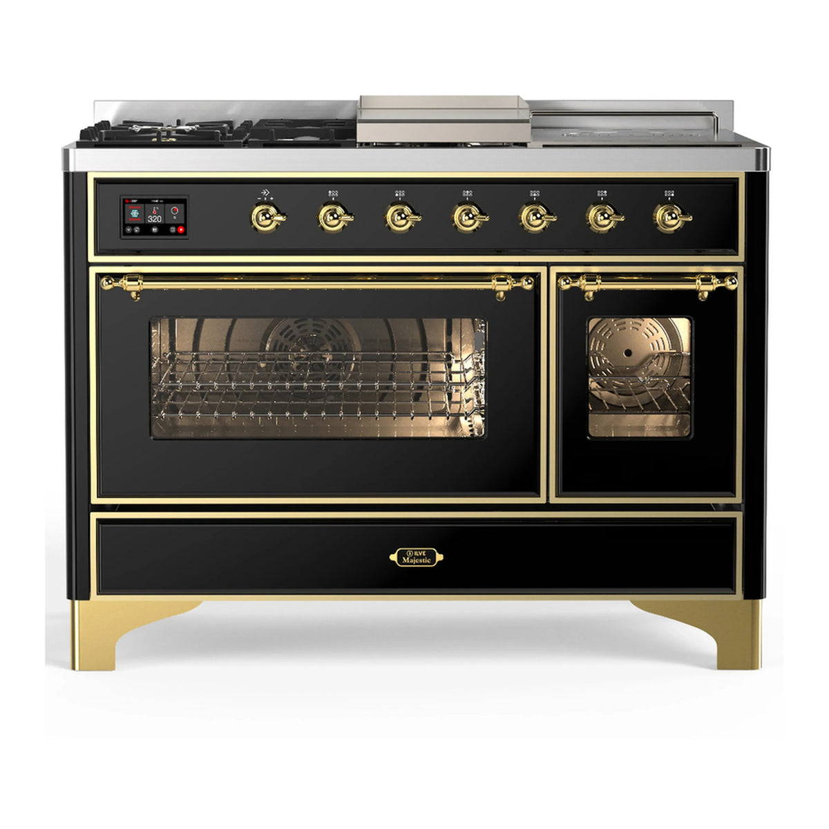 ILVE Majestic III 48-Inch Dual Fuel Range, 5 NG Burners, Griddle, French Top, Triple Glass Door, Glossy Black, Brass Trim (UM48FSNR3BKG)