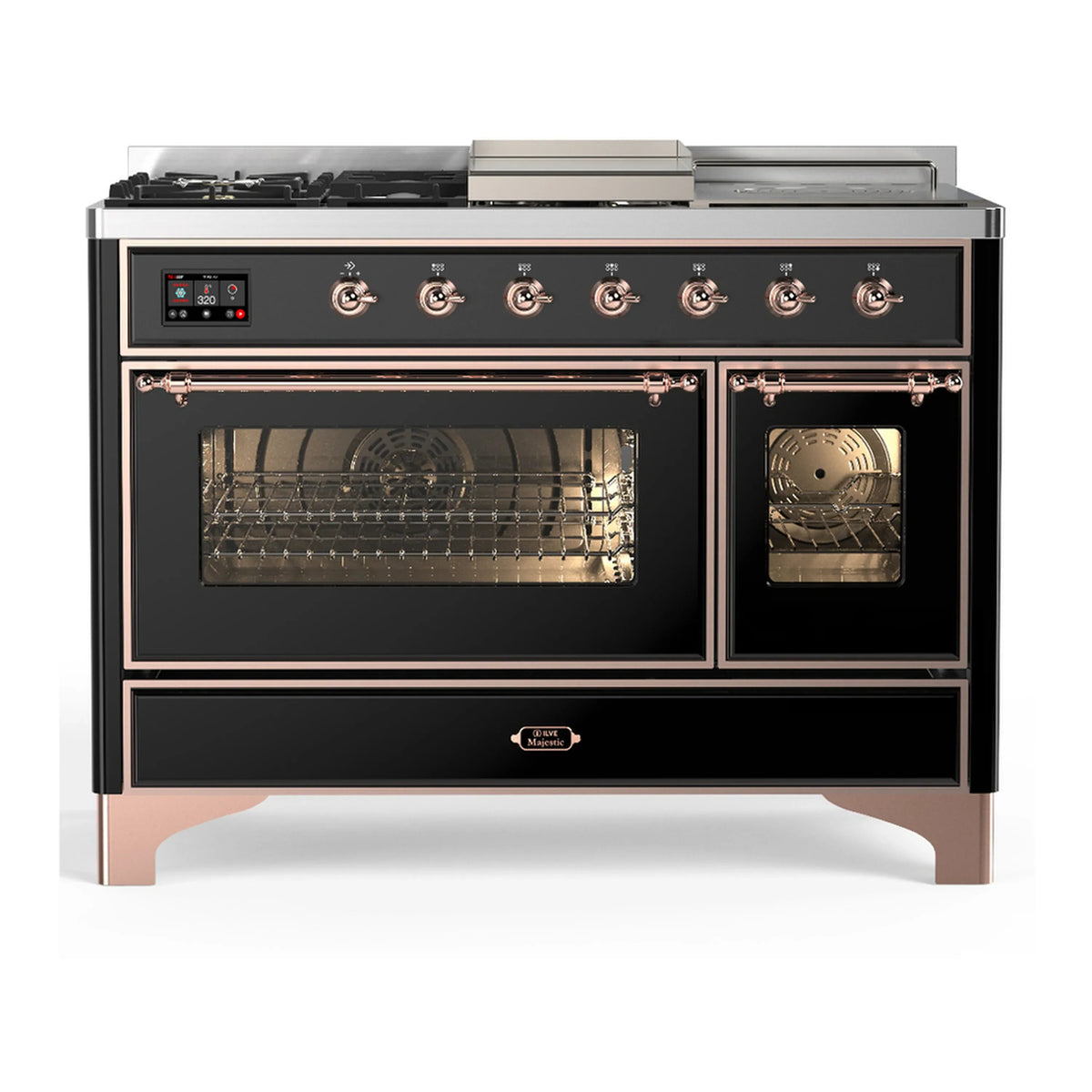 ILVE Majestic III 48-Inch Dual Fuel Range, 5 LP Burners, Griddle, French Top, Triple Glass Door, Glossy Black, Copper Trim (UM48FSNR3BKPLP)