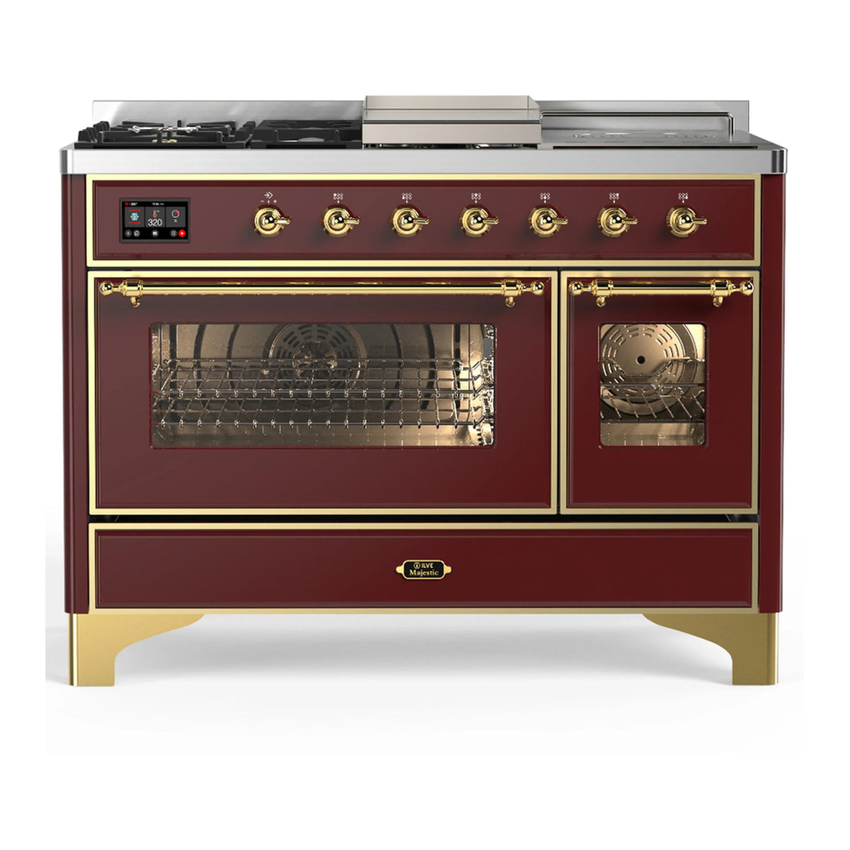 ILVE Majestic III 48-Inch Dual Fuel Range, 5 NG Burners, Griddle, French Top, Triple Glass Door, Burgundy, Brass Trim (UM48FSNR3BUG)