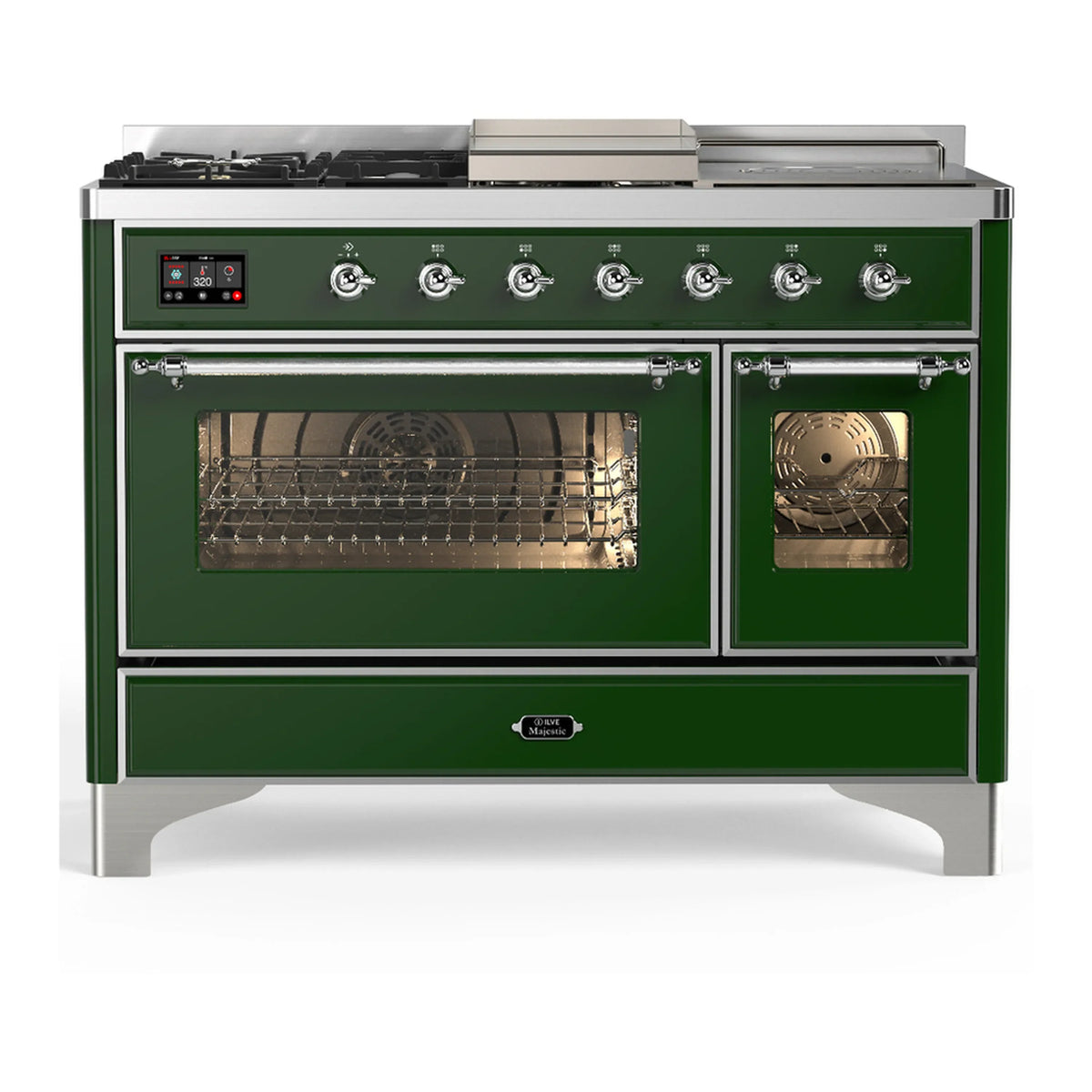 ILVE Majestic III 48-Inch Dual Fuel Range, 5 NG Burners, Griddle, French Top, Triple Glass Door, Emerald Green, Chrome Trim (UM48FSNR3EGC)