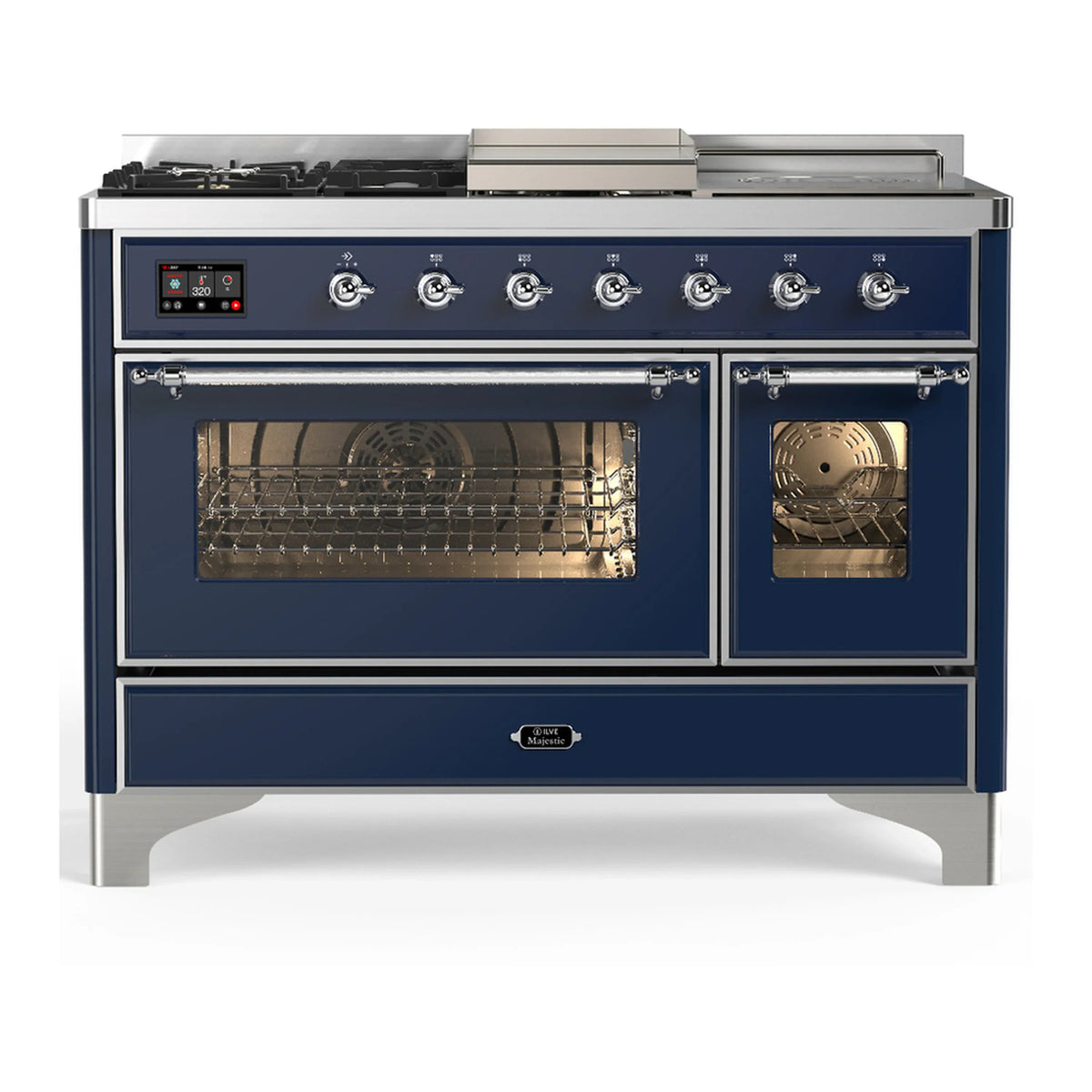 ILVE Majestic III 48-Inch Dual Fuel Range, 5 NG Burners, Griddle, French Top, Triple Glass Door, Midnight Blue, Chrome Trim (UM48FSNR3MBC)
