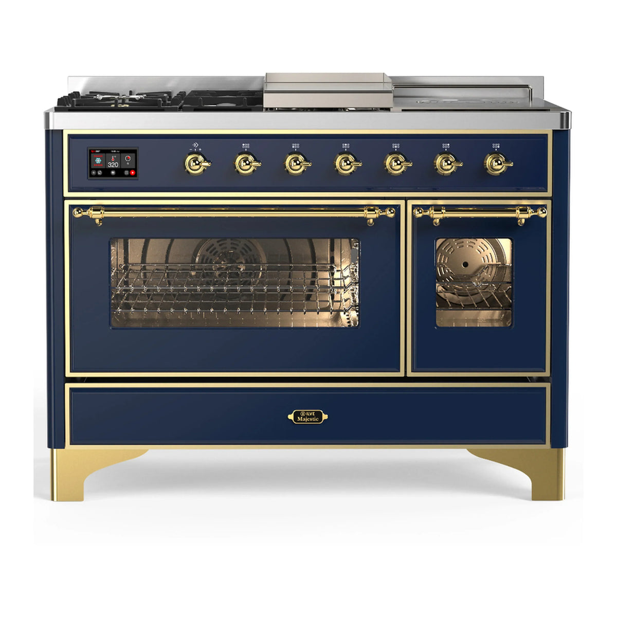 ILVE Majestic III 48-Inch Dual Fuel Range, 5 NG Burners, Griddle, French Top, Triple Glass Door, Midnight Blue, Brass Trim (UM48FSNR3MBG)
