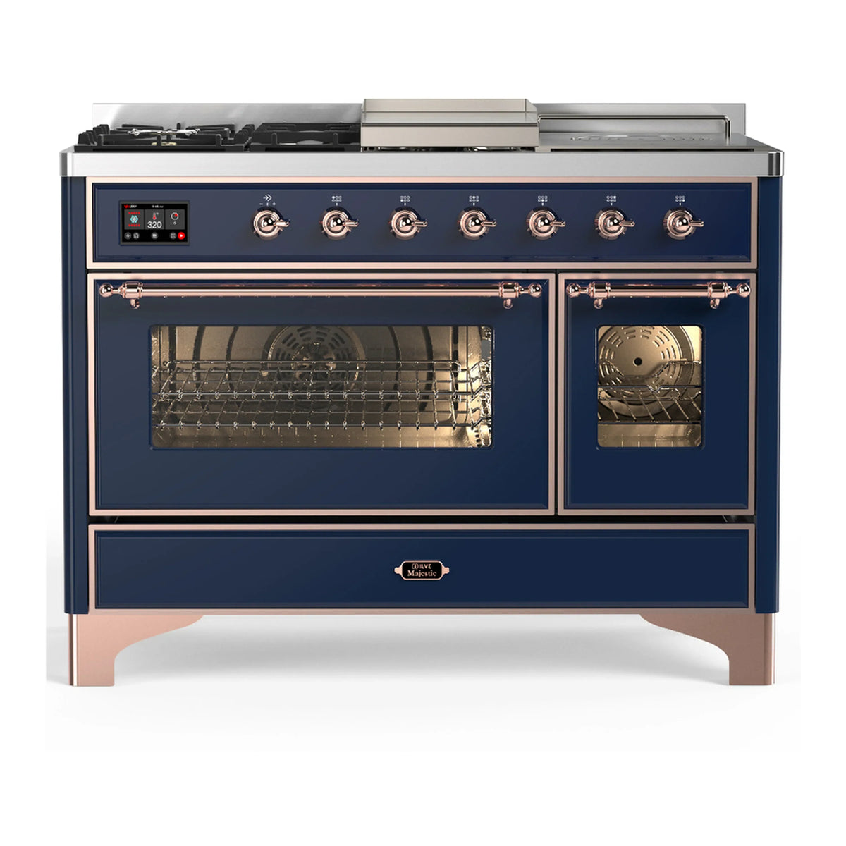 ILVE Majestic III 48-Inch Dual Fuel Range, 5 LP Burners, Griddle, French Top, Triple Glass Door, Midnight Blue, Copper Trim (UM48FSNR3MBPLP)
