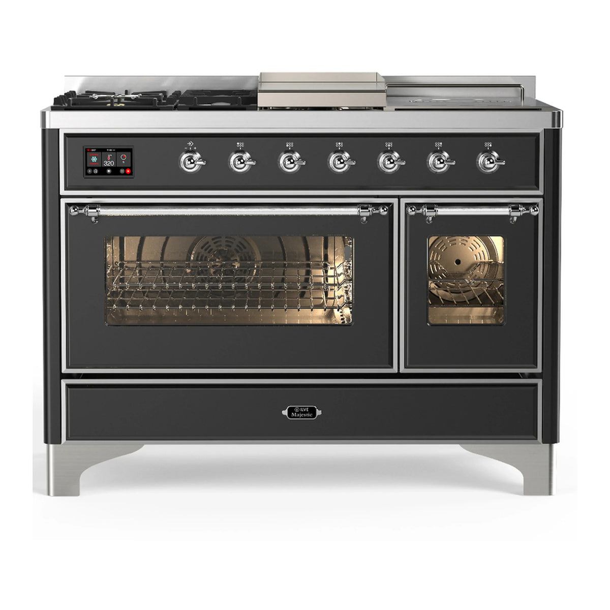 ILVE Majestic III 48-Inch Dual Fuel Range, 5 NG Burners, Griddle, French Top, Triple Glass Door, Graphite Matte, Chrome Trim (UM48FSNR3MGC)