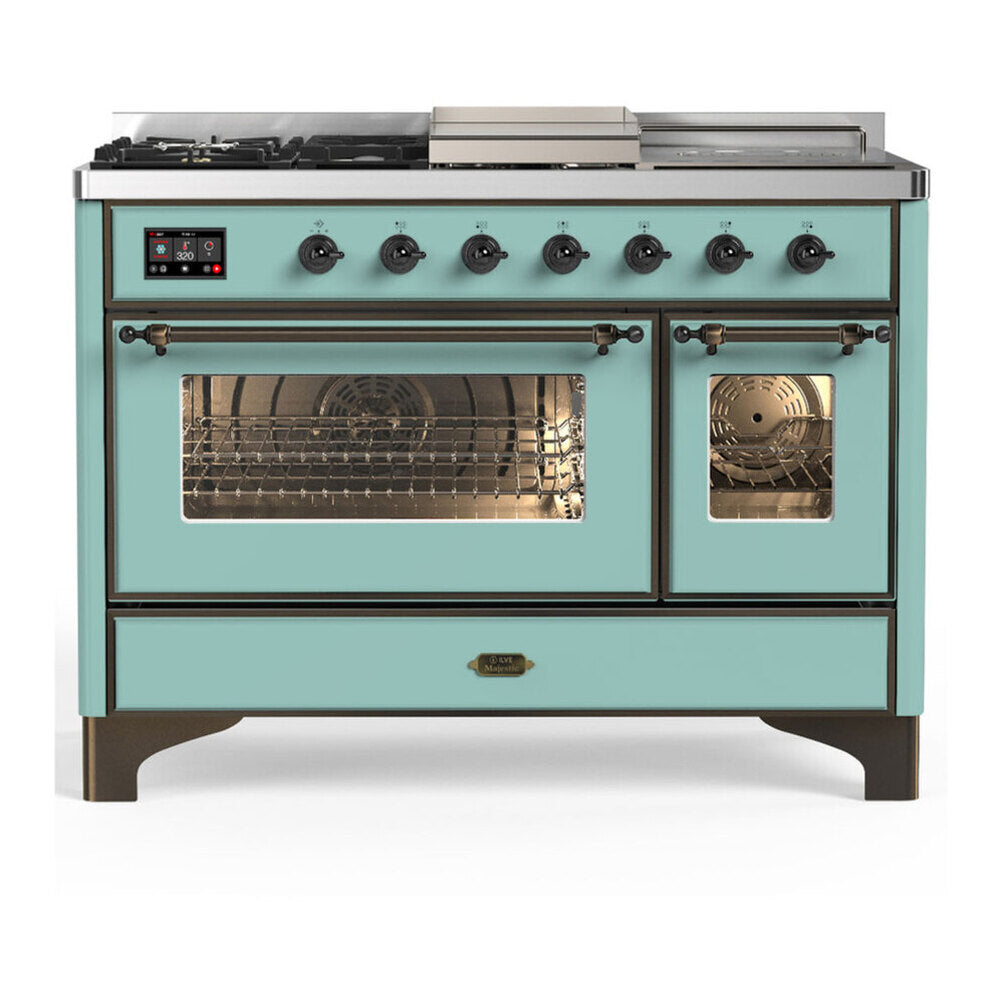 ILVE Majestic III 48-Inch Dual Fuel Range, 5 LP Burners, Griddle, French Top, Triple Glass Door, Mediterranean Mint, Burnished Trim (UM48FSNR3MMBLP)