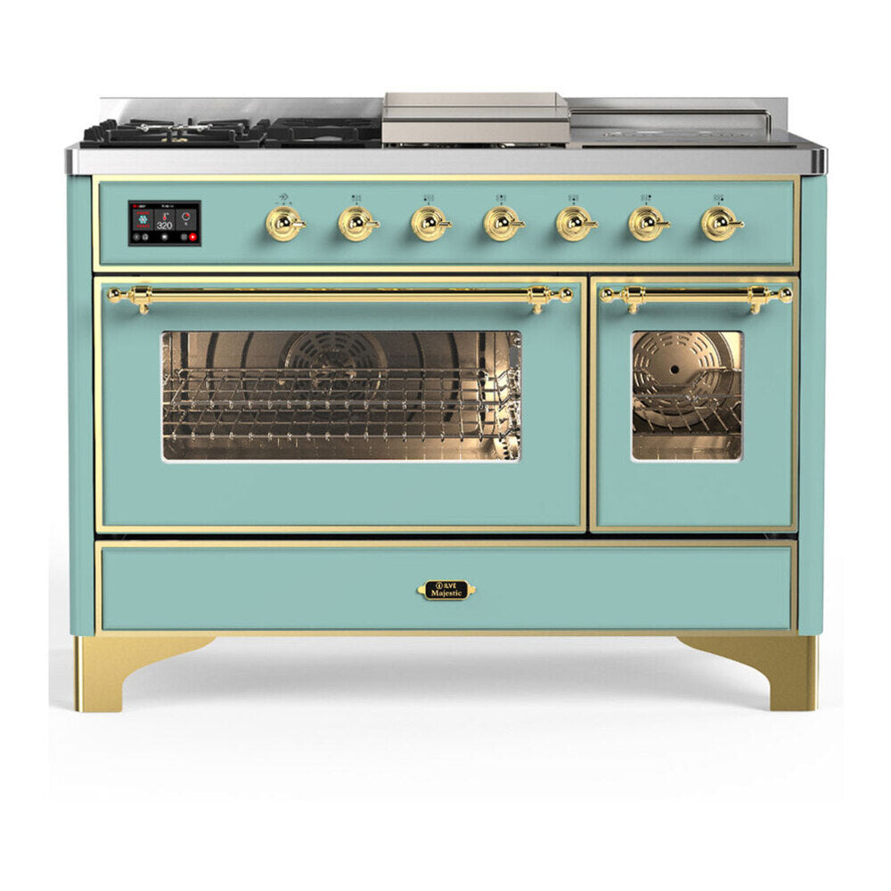 ILVE Majestic III 48-Inch Dual Fuel Range, 5 NG Burners, Griddle, French Top, Triple Glass Door, Mediterranean Mint, Brass Trim (UM48FSNR3MMG)