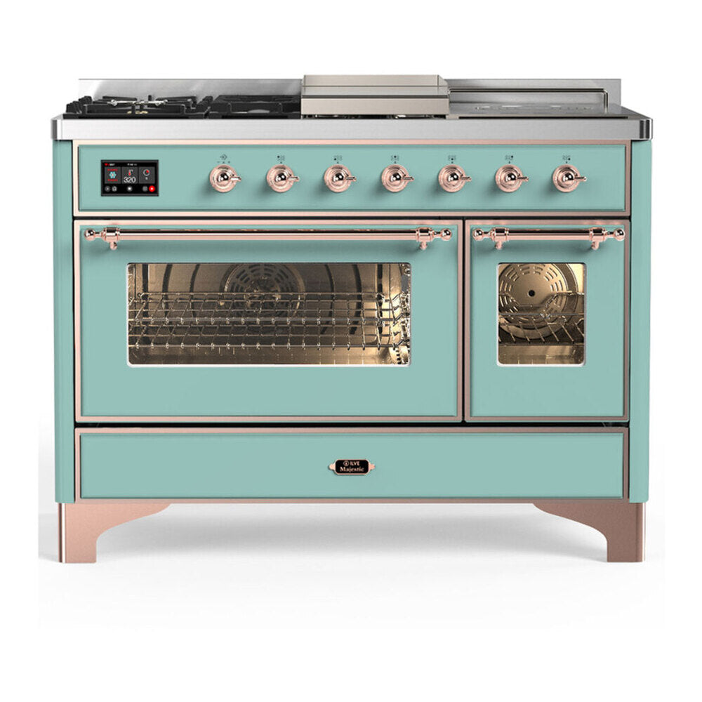ILVE Majestic III 48-Inch Dual Fuel Range, 5 LP Burners, Griddle, French Top, Triple Glass Door, Mediterranean Mint, Copper Trim (UM48FSNR3MMPLP)