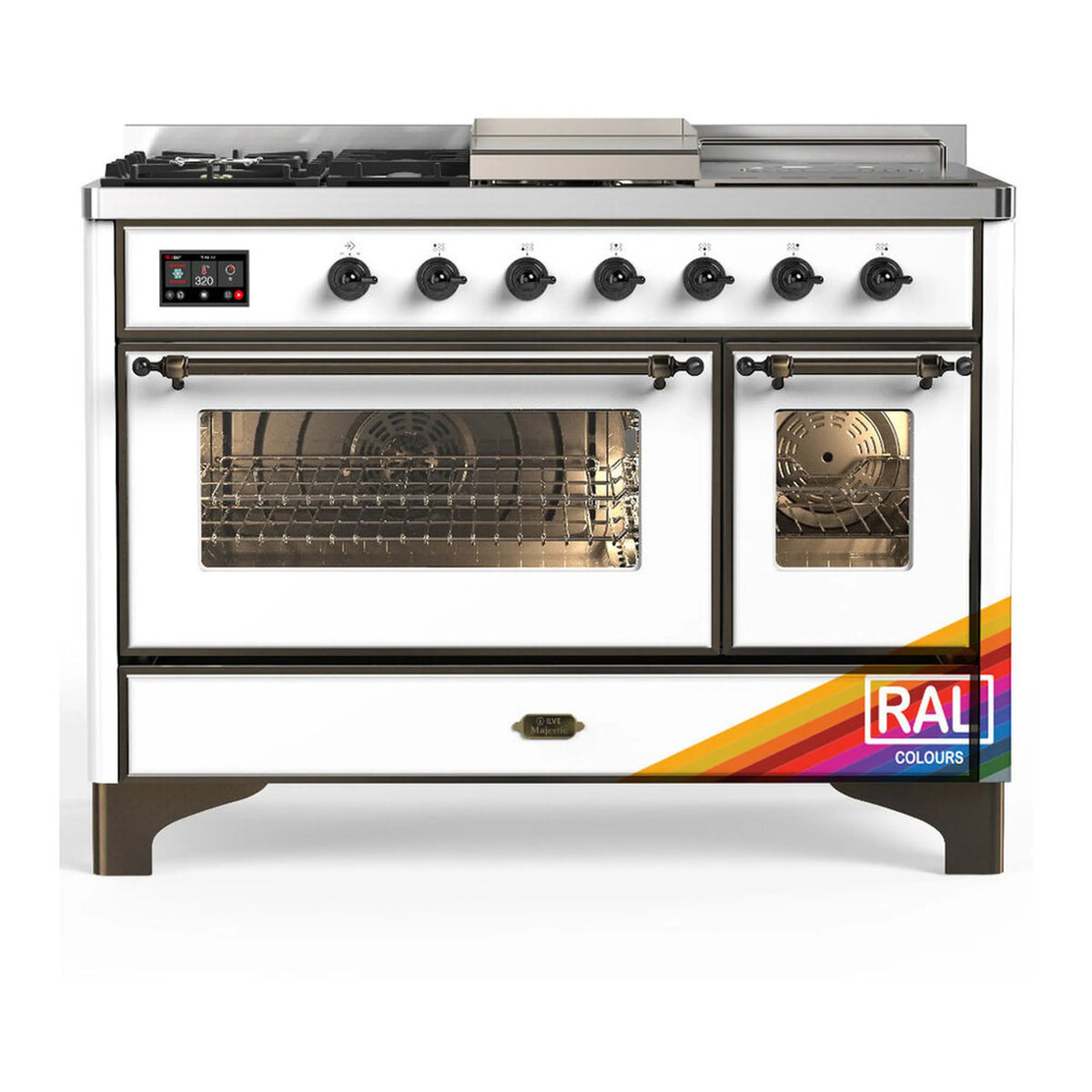 ILVE Majestic III 48-Inch Dual Fuel Range, 5 NG Burners, Griddle, French Top, Triple Glass Door, RAL, Burnished Trim (UM48FSNR3RAB)