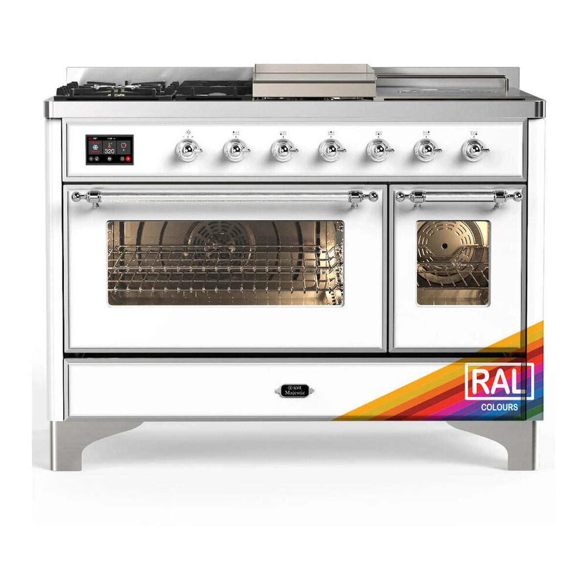 ILVE Majestic III 48-Inch Dual Fuel Range, 5 LP Burners, Griddle, French Top, Triple Glass Door, RAL, Chrome Trim (UM48FSNR3RACLP)