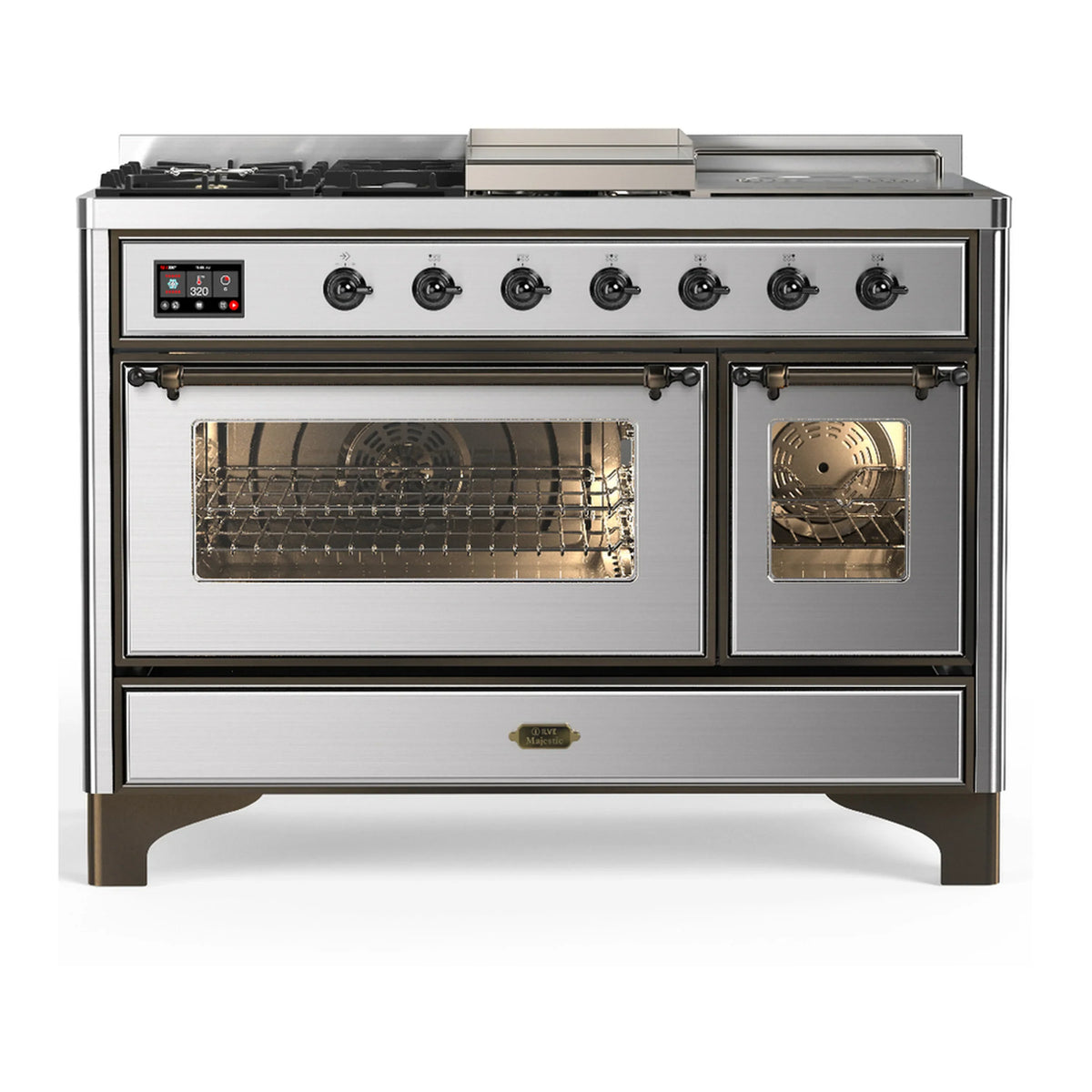 ILVE Majestic III 48-Inch Dual Fuel Range, 5 LP Burners, Griddle, French Top, Triple Glass Door, Stainless Steel, Burnished Trim (UM48FSNR3SSBLP)