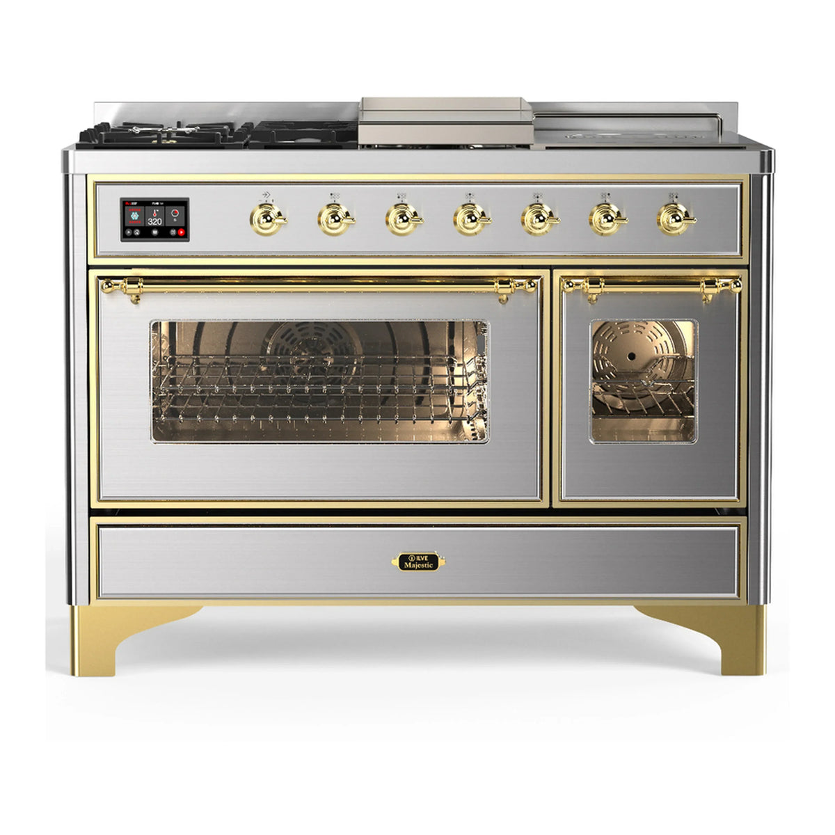 ILVE Majestic III 48-Inch Dual Fuel Range, 5 LP Burners, Griddle, French Top, Triple Glass Door, Stainless Steel, Brass Trim (UM48FSNR3SSGLP)