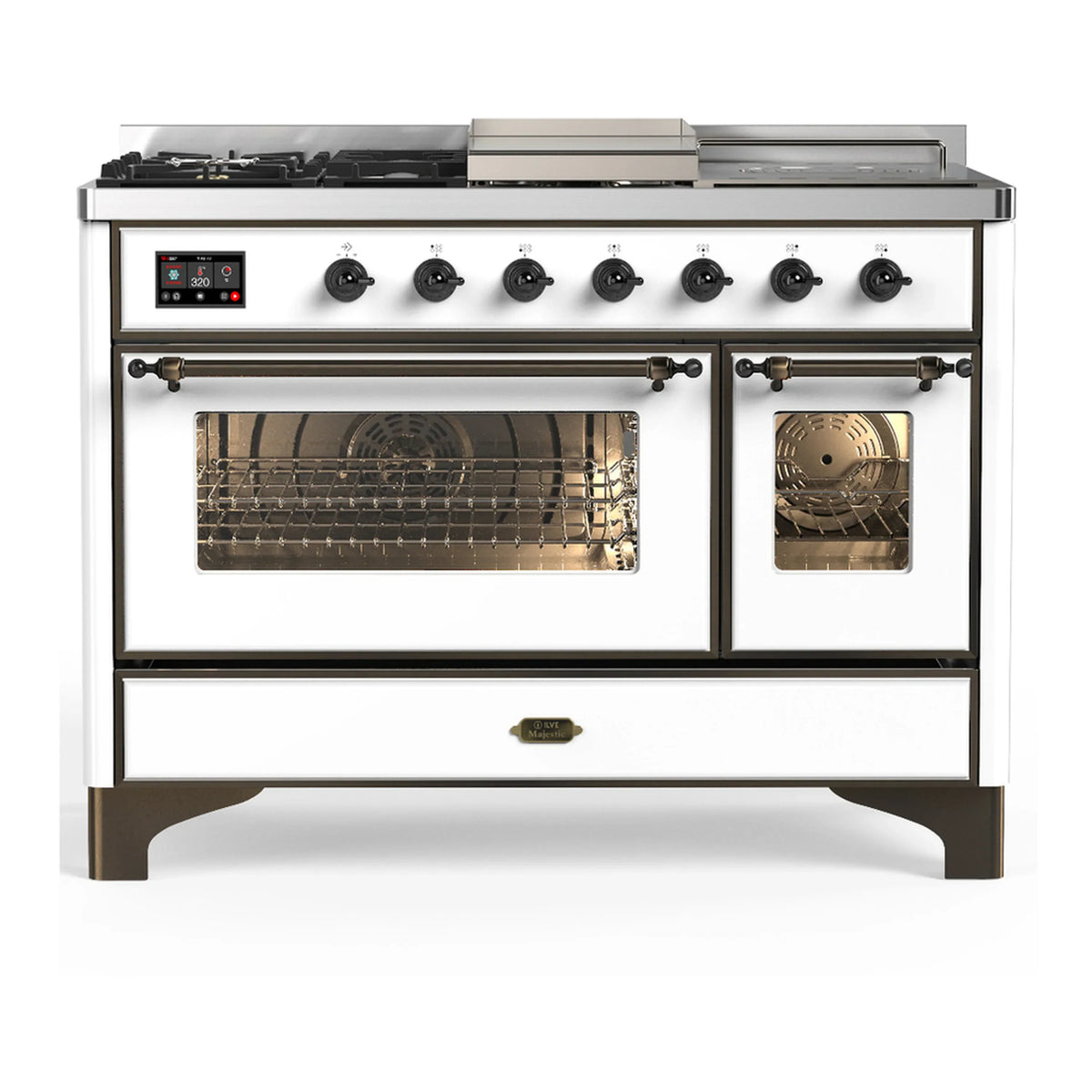 ILVE Majestic III 48-Inch Dual Fuel Range, 5 LP Burners, Griddle, French Top, Triple Glass Door, White, Burnished Trim (UM48FSNR3WHBLP)