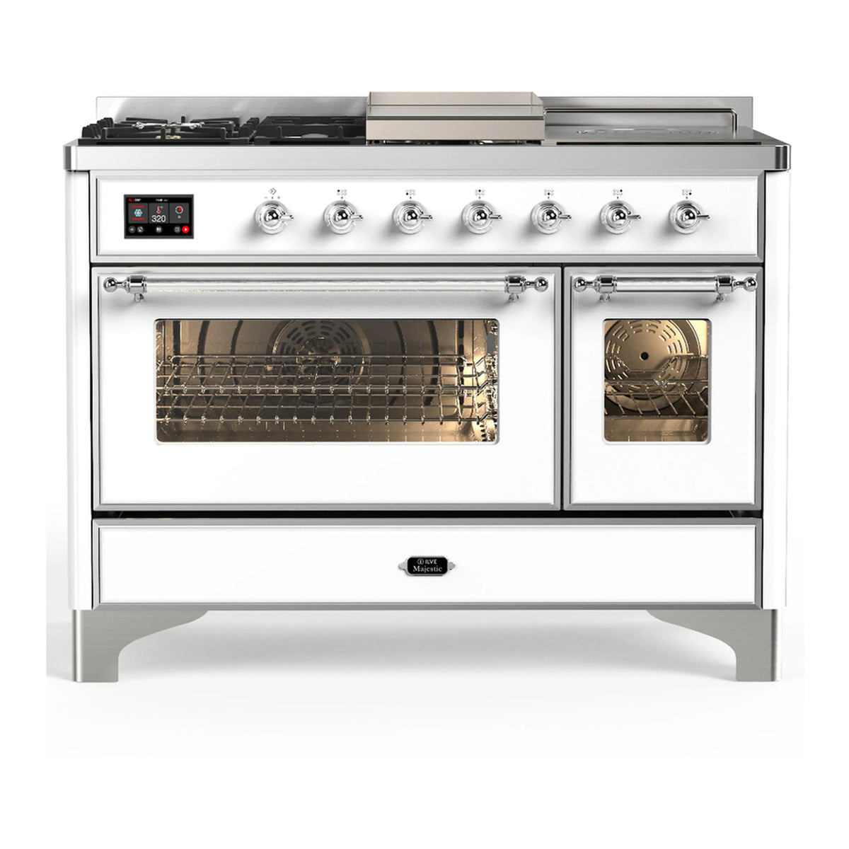 ILVE Majestic III 48-Inch Dual Fuel Range, 5 LP Burners, Griddle, French Top, Triple Glass Door, White, Chrome Trim (UM48FSNR3WHCLP)