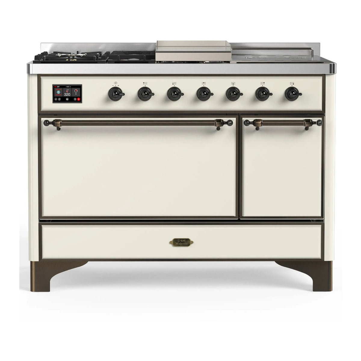 ILVE Majestic III 48-Inch Dual Fuel Range, 5 LP Burners, Griddle, French Top, Solid Door, Antique White, Burnished Trim (UM48FSQNR3AWBLP)