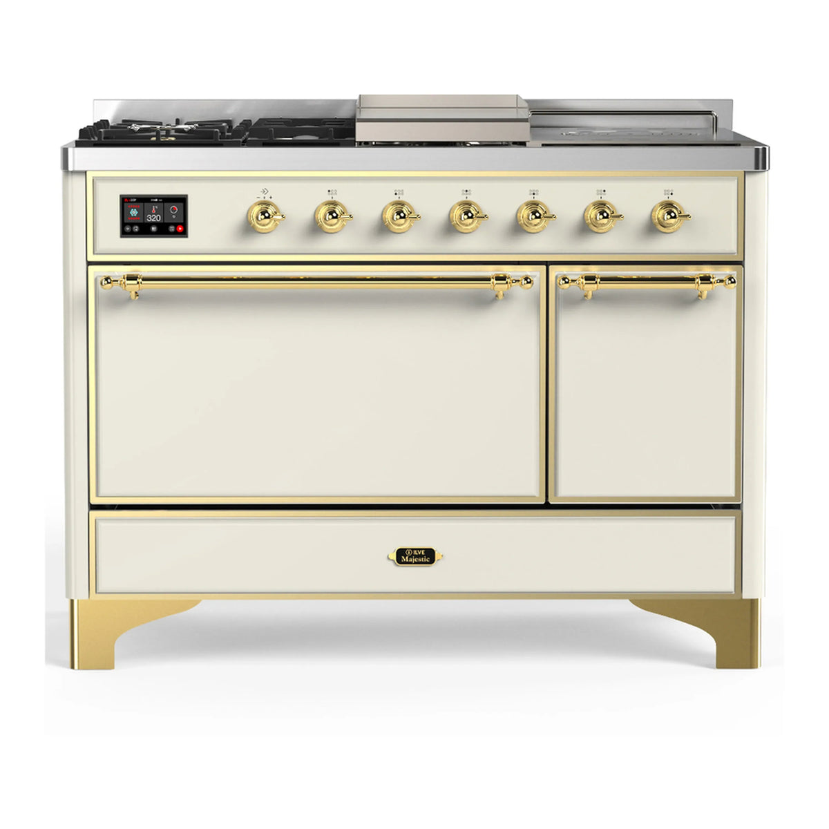 ILVE Majestic III 48-Inch Dual Fuel Range, 5 NG Burners, Griddle, French Top, Solid Door, Antique White, Brass Trim (UM48FSQNR3AWG)