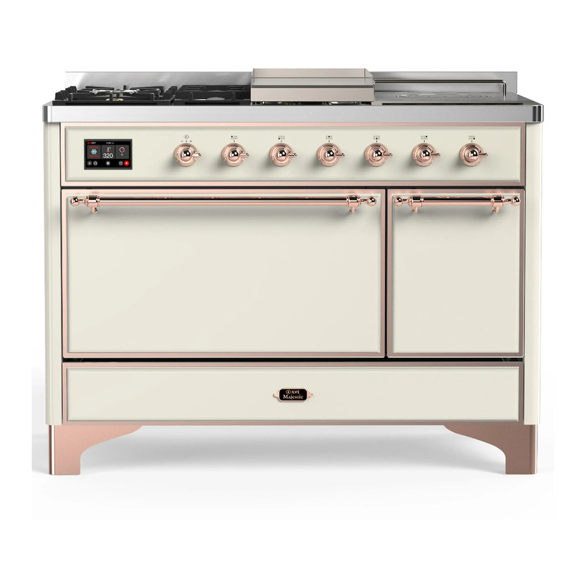 ILVE Majestic III 48-Inch Dual Fuel Range, 5 LP Burners, Griddle, French Top, Solid Door, Antique White, Copper Trim (UM48FSQNR3AWPLP)