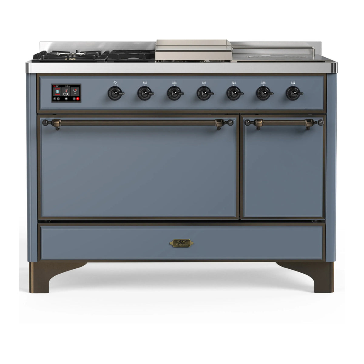ILVE Majestic III 48-Inch Dual Fuel Range, 5 LP Burners, Griddle, French Top, Solid Door, Blue Grey, Burnished Trim (UM48FSQNR3BGBLP)