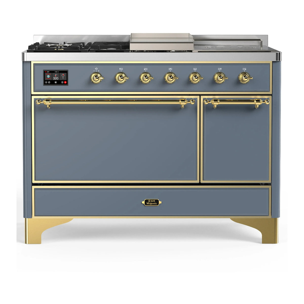 ILVE Majestic III 48-Inch Dual Fuel Range, 5 NG Burners, Griddle, French Top, Solid Door, Blue Grey, Brass Trim (UM48FSQNR3BGG)