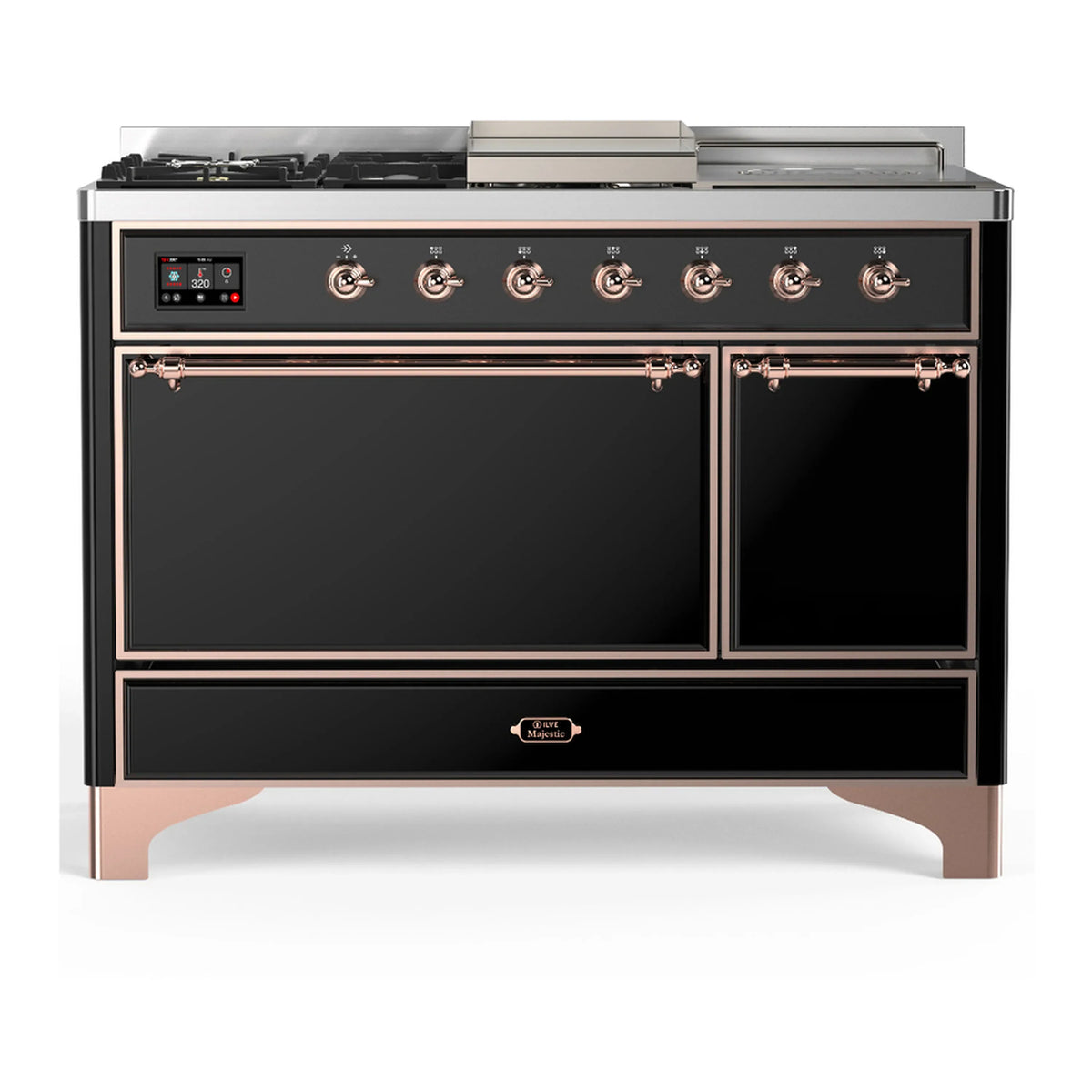 ILVE Majestic III 48-Inch Dual Fuel Range, 5 LP Burners, Griddle, French Top, Solid Door, Glossy Black, Copper Trim (UM48FSQNR3BKPLP)