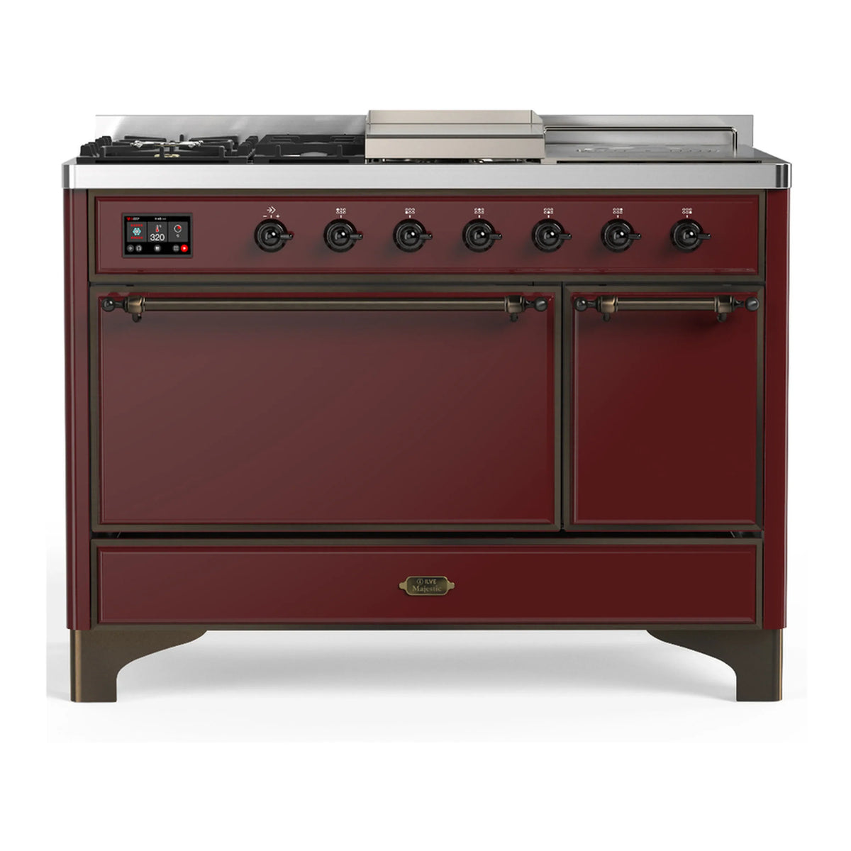 ILVE Majestic III 48-Inch Dual Fuel Range, 5 NG Burners, Griddle, French Top, Solid Door, Burgundy, Burnished Trim (UM48FSQNR3BUB)