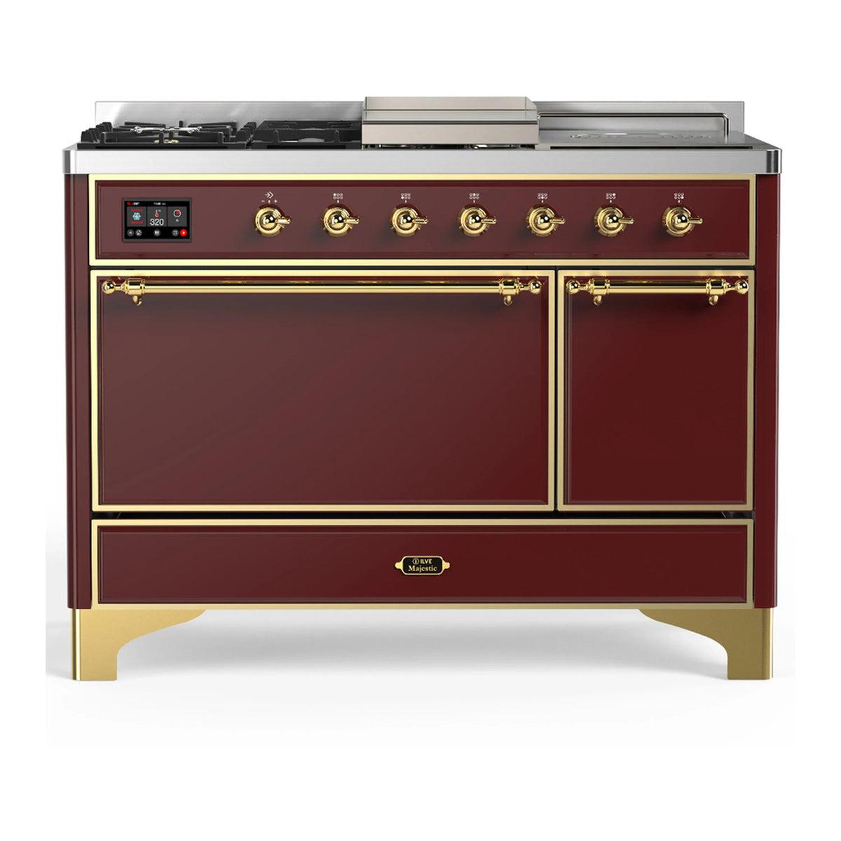 ILVE Majestic III 48-Inch Dual Fuel Range, 5 LP Burners, Griddle, French Top, Solid Door, Burgundy, Brass Trim (UM48FSQNR3BUGLP)