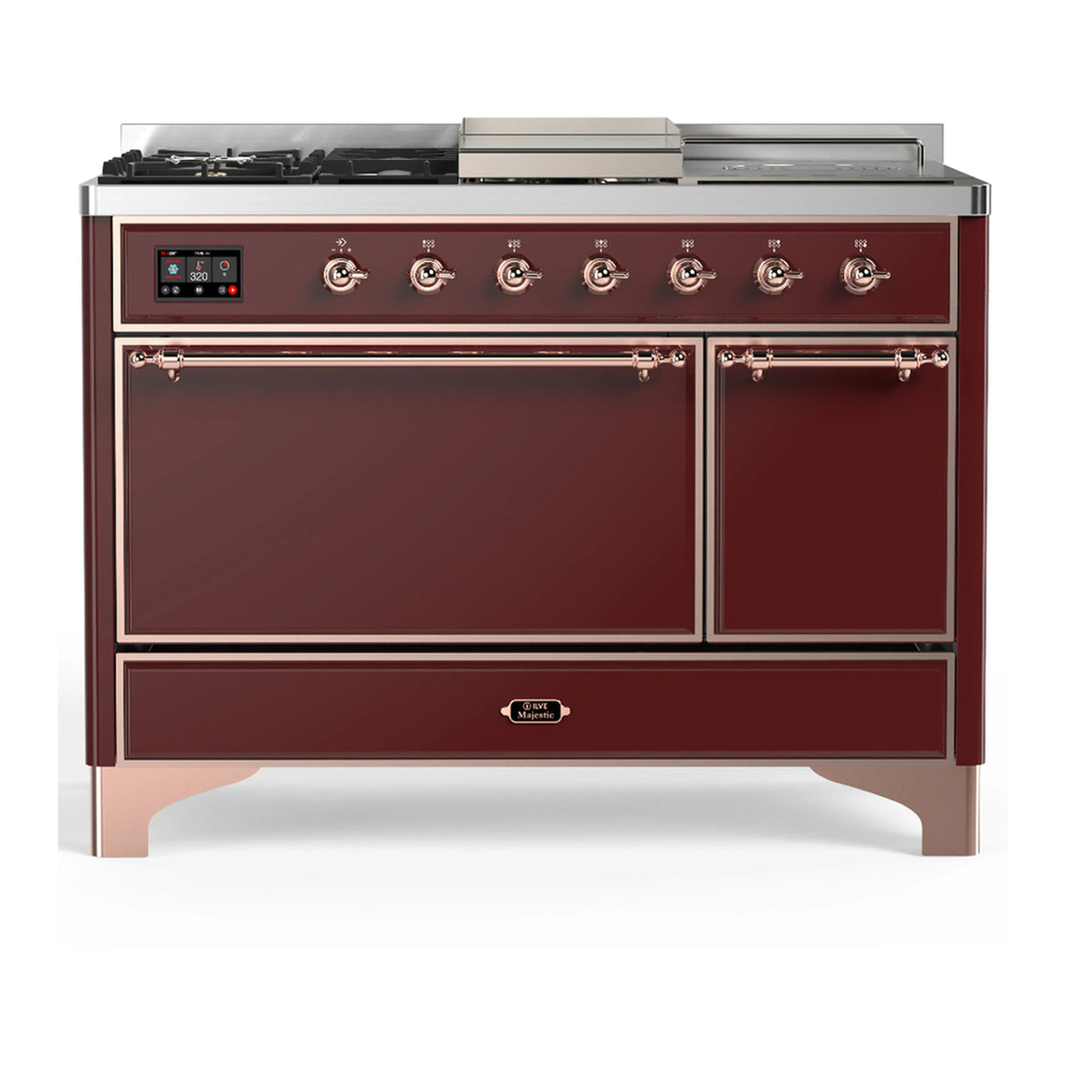 ILVE Majestic III 48-Inch Dual Fuel Range, 5 NG Burners, Griddle, French Top, Solid Door, Burgundy, Copper Trim (UM48FSQNR3BUP)
