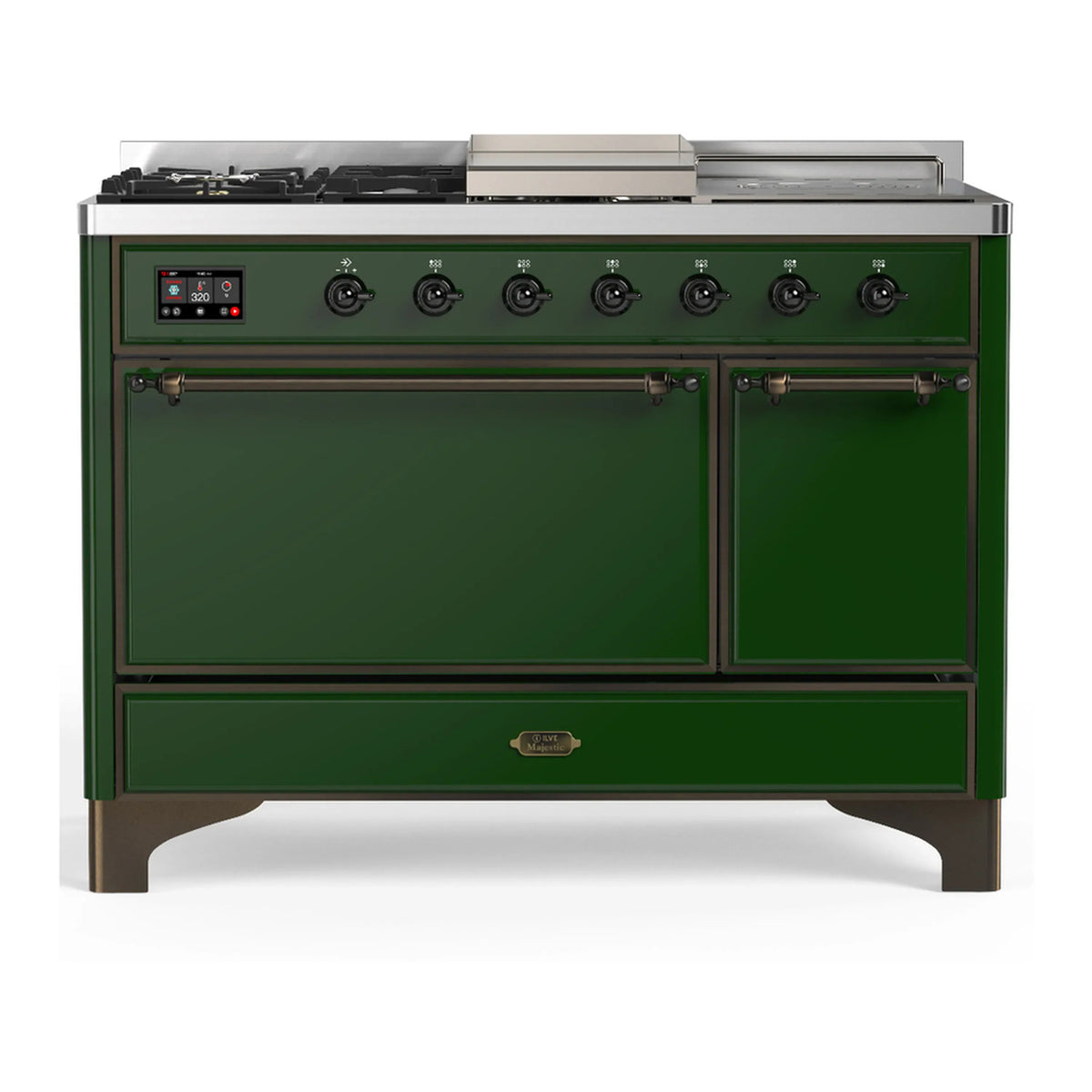 ILVE Majestic III 48-Inch Dual Fuel Range, 5 NG Burners, Griddle, French Top, Solid Door, Emerald Green, Burnished Trim (UM48FSQNR3EGB)