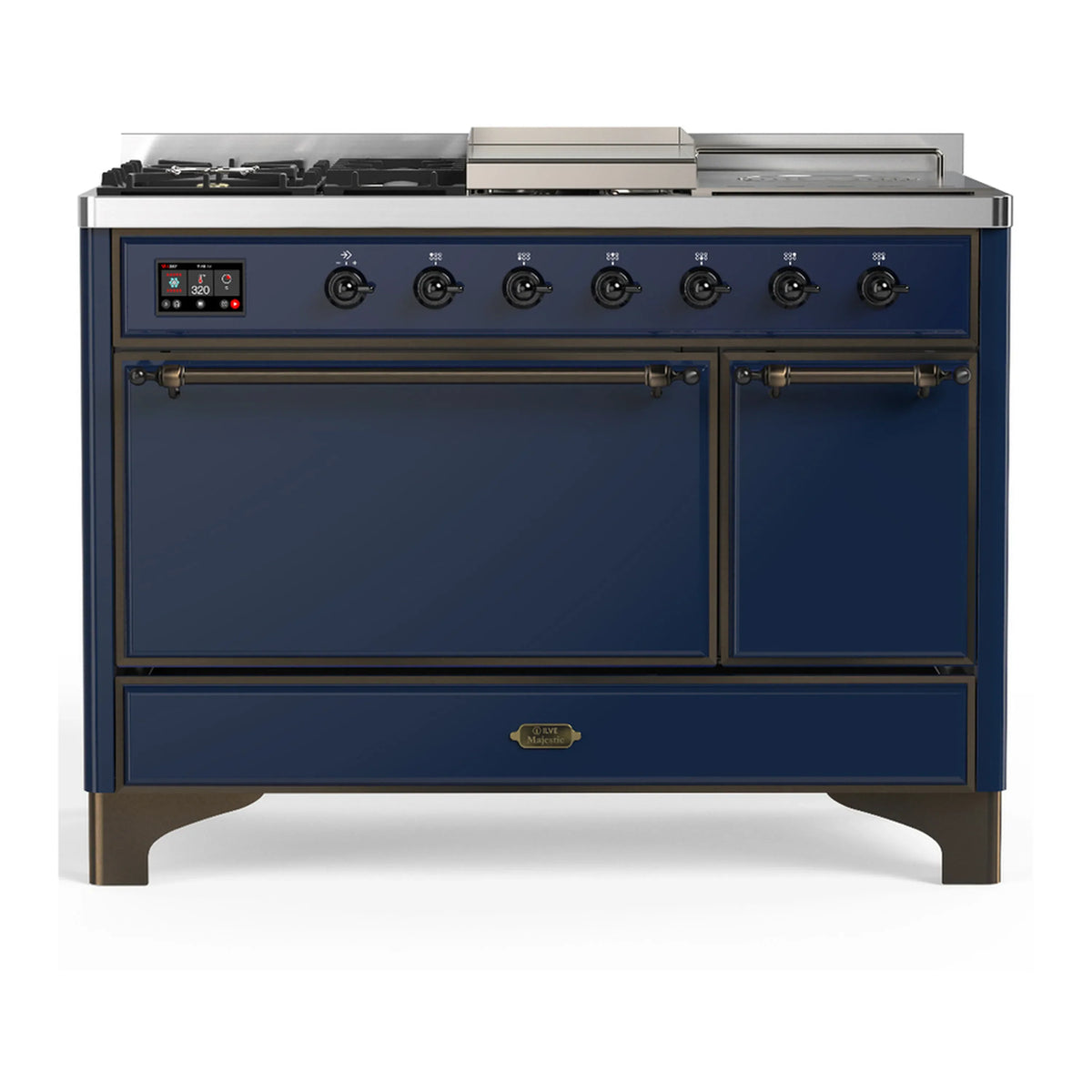 ILVE Majestic III 48-Inch Dual Fuel Range, 5 LP Burners, Griddle, French Top, Solid Door, Midnight Blue, Burnished Trim (UM48FSQNR3MBBLP)