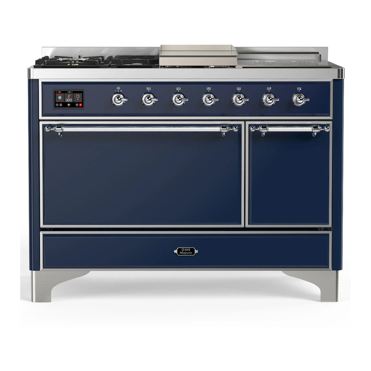 ILVE Majestic III 48-Inch Dual Fuel Range, 5 LP Burners, Griddle, French Top, Solid Door, Midnight Blue, Chrome Trim (UM48FSQNR3MBCLP)