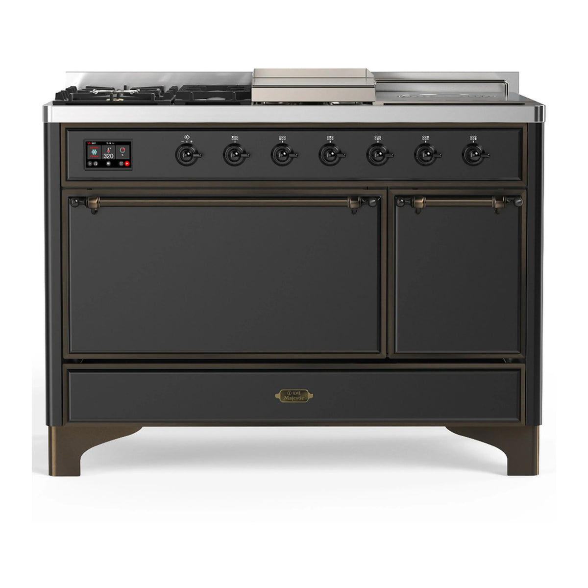 ILVE Majestic III 48-Inch Dual Fuel Range, 5 LP Burners, Griddle, French Top, Solid Door, Graphite Matte, Burnished Trim (UM48FSQNR3MGBLP)