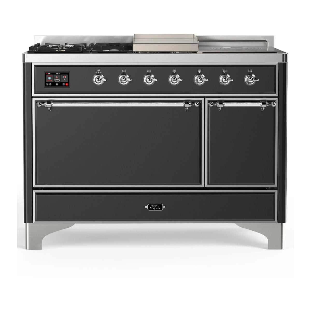 ILVE Majestic III 48-Inch Dual Fuel Range, 5 NG Burners, Griddle, French Top, Solid Door, Graphite Matte, Chrome Trim (UM48FSQNR3MGC)