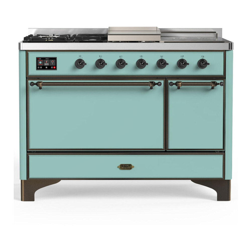 ILVE Majestic III 48-Inch Dual Fuel Range, 5 NG Burners, Griddle, French Top, Solid Door, Mediterranean Mint, Burnished Trim (UM48FSQNR3MMB)