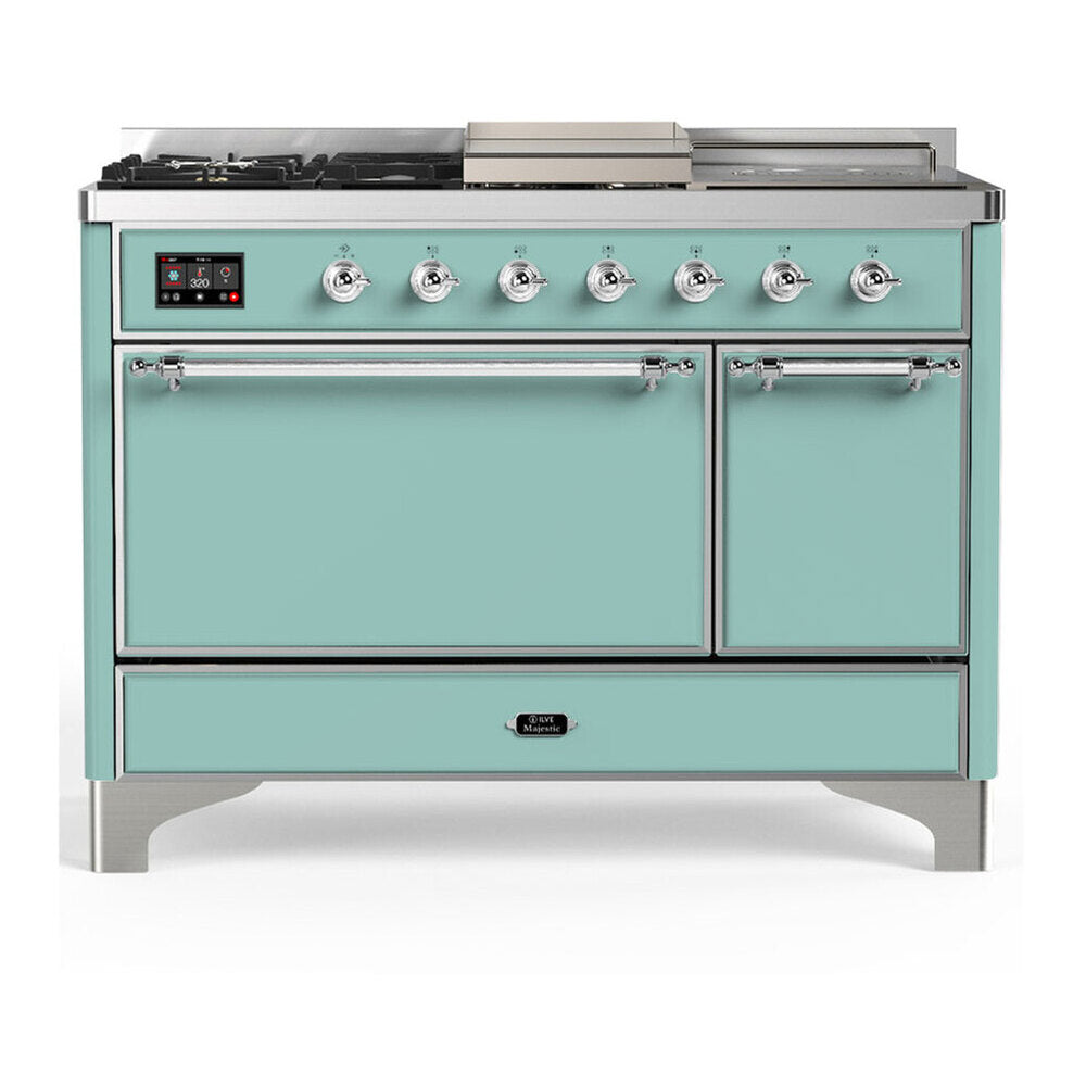 ILVE Majestic III 48-Inch Dual Fuel Range, 5 NG Burners, Griddle, French Top, Solid Door, Mediterranean Mint, Chrome Trim (UM48FSQNR3MMC)