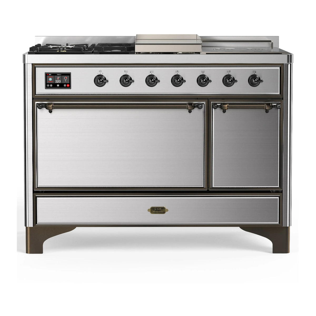 ILVE Majestic III 48-Inch Dual Fuel Range, 5 NG Burners, Griddle, French Top, Solid Door, Stainless Steel, Burnished Trim (UM48FSQNR3SSB)