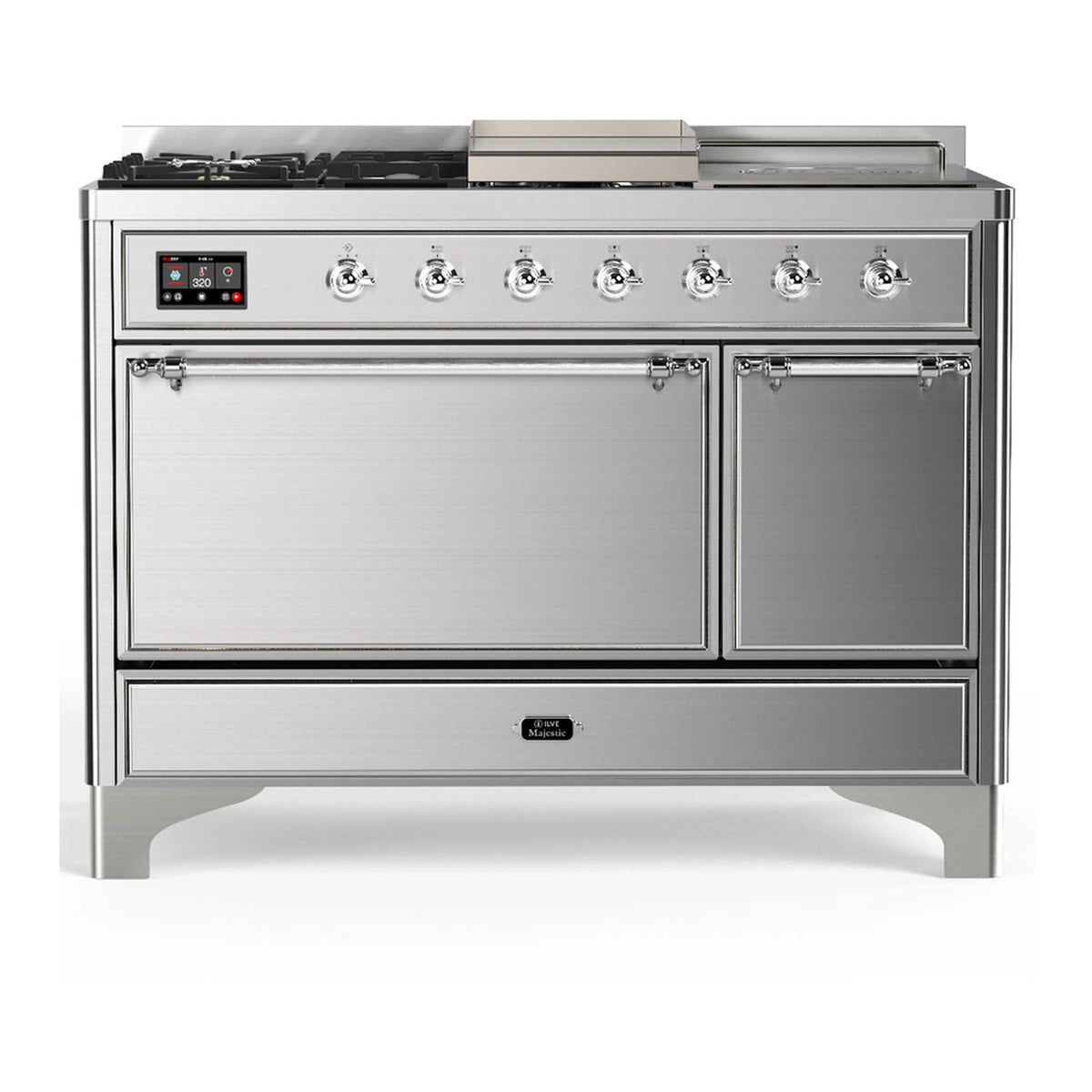ILVE Majestic III 48-Inch Dual Fuel Range, 5 LP Burners, Griddle, French Top, Solid Door, Stainless Steel, Chrome Trim (UM48FSQNR3SSCLP)