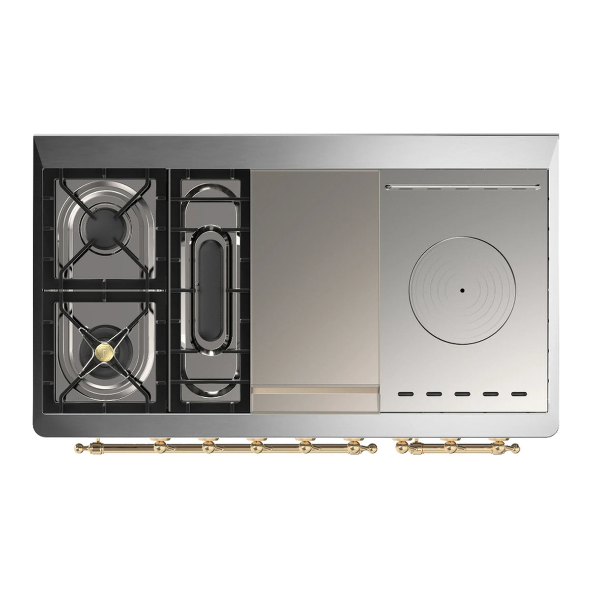 ILVE Majestic III 48-Inch Dual Fuel Range, 5 LP Burners, Griddle, French Top, Solid Door, Stainless Steel, Brass Trim (UM48FSQNR3SSGLP)
