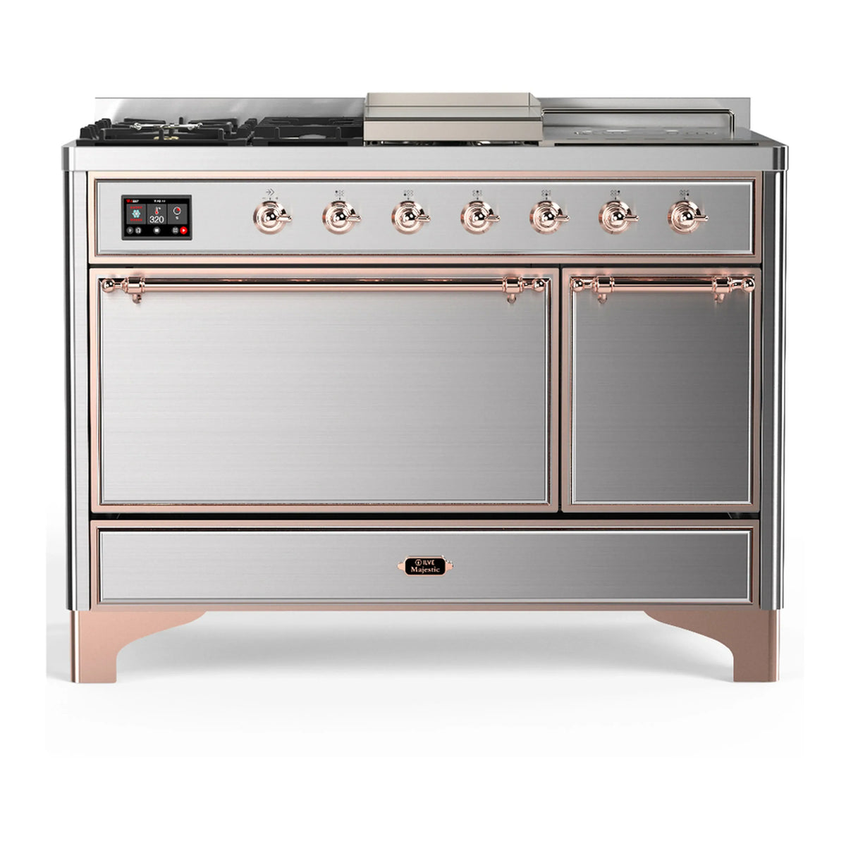 ILVE Majestic III 48-Inch Dual Fuel Range, 5 NG Burners, Griddle, French Top, Solid Door, Stainless Steel, Copper Trim (UM48FSQNR3SSP)