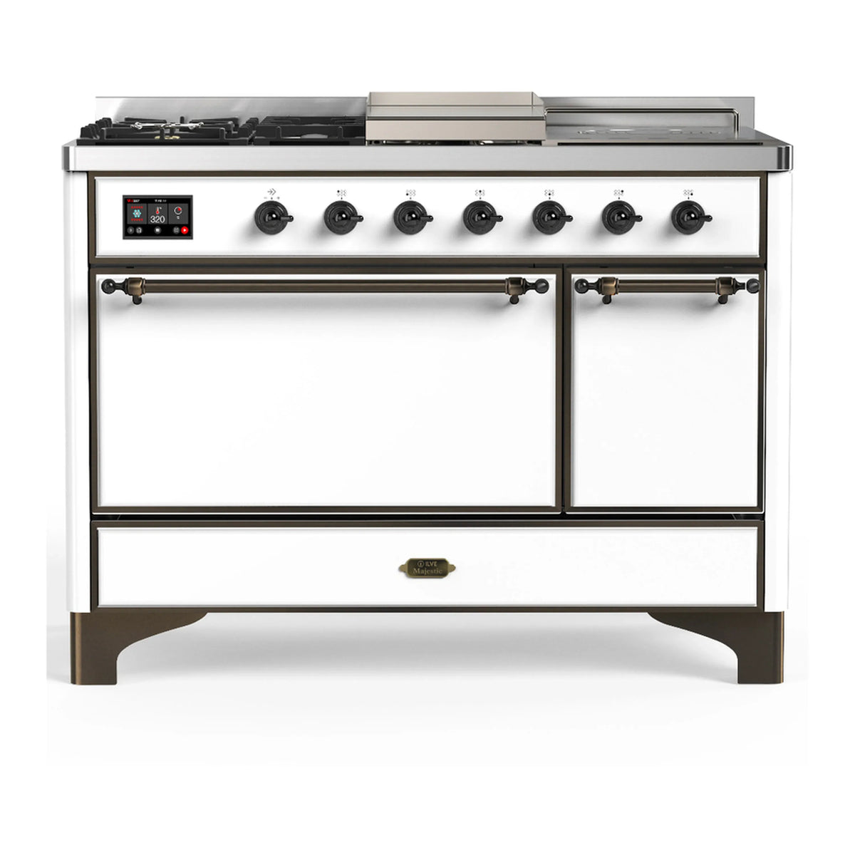 ILVE Majestic III 48-Inch Dual Fuel Range, 5 NG Burners, Griddle, French Top, Solid Door, White, Burnished Trim (UM48FSQNR3WHB)