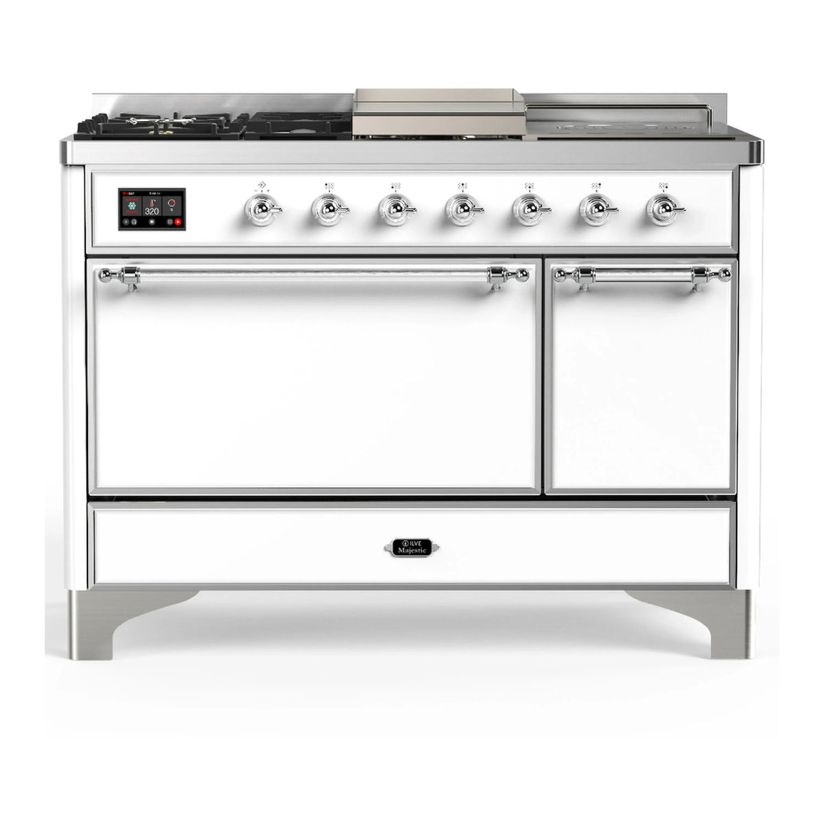 ILVE Majestic III 48-Inch Dual Fuel Range, 5 NG Burners, Griddle, French Top, Solid Door, White, Chrome Trim (UM48FSQNR3WHC)