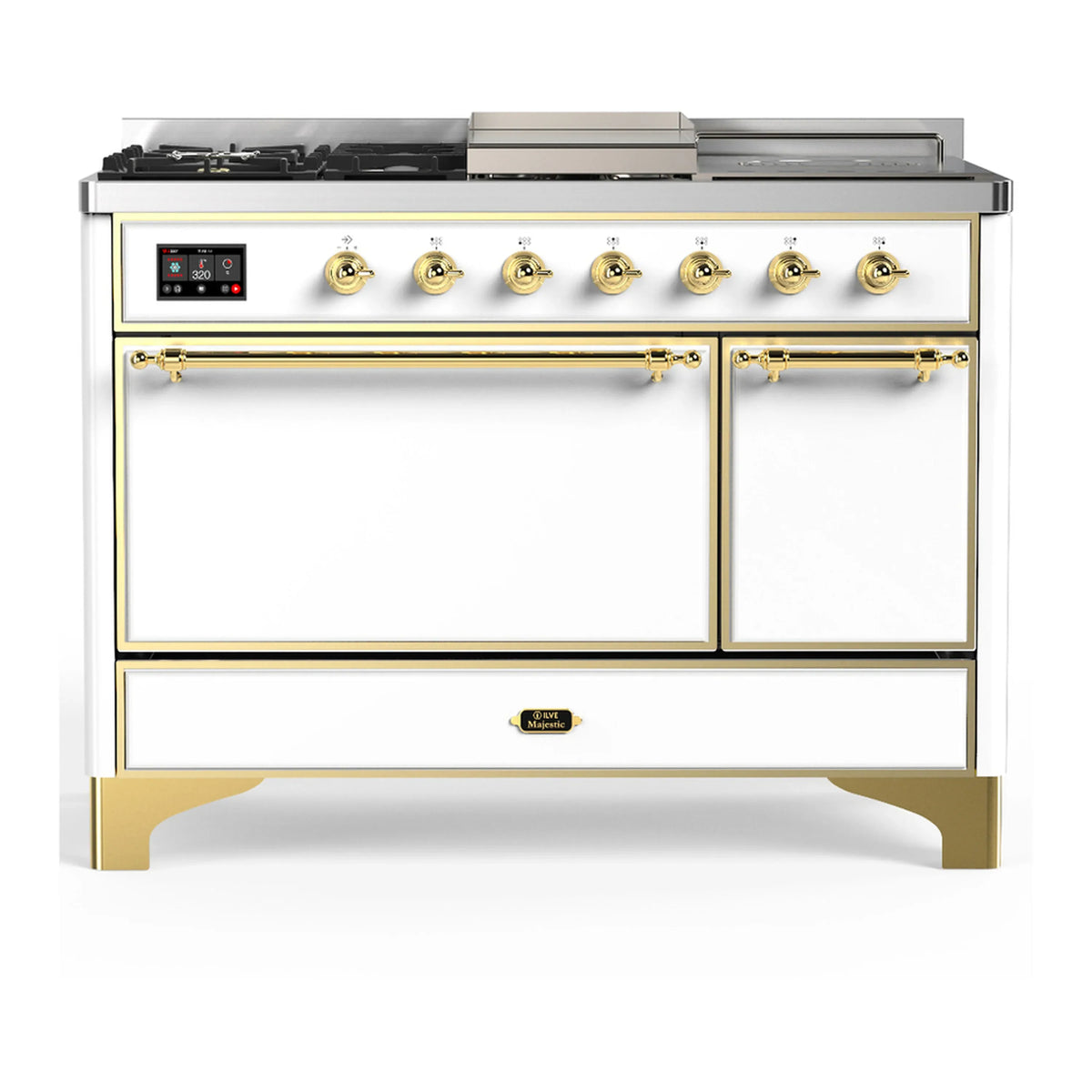 ILVE Majestic III 48-Inch Dual Fuel Range, 5 NG Burners, Griddle, French Top, Solid Door, White, Brass Trim (UM48FSQNR3WHG)