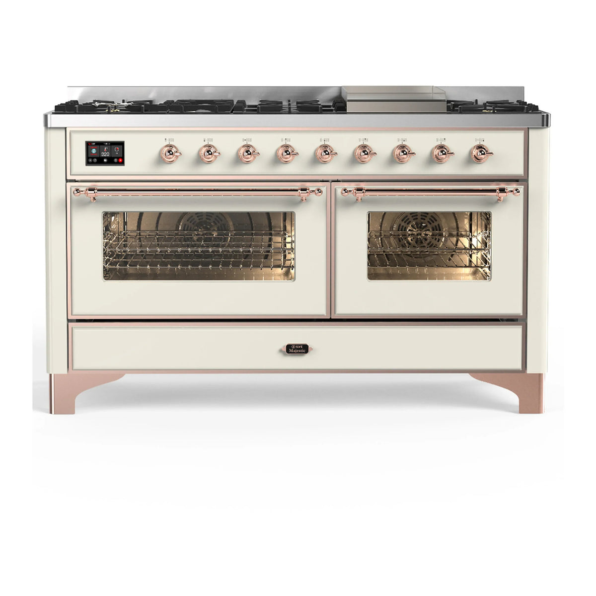 ILVE Majestic III 60-Inch NG Dual Fuel Range, 7 Burners, Griddle, Triple Glass Door Oven, Antique White with Copper Trim (UM60FNR3AWP)