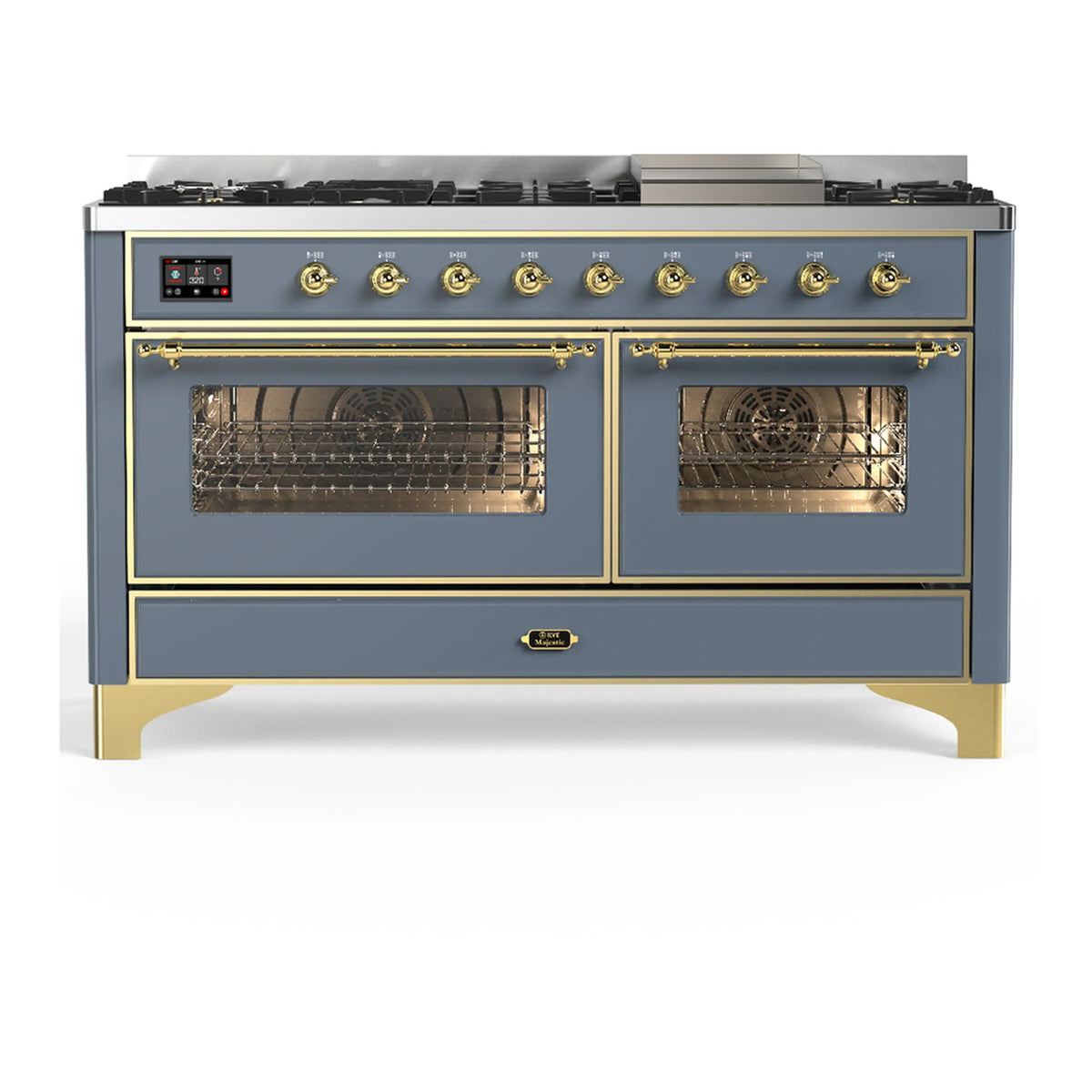 ILVE Majestic III 60-Inch LP Dual Fuel Range, 5 Burners, Griddle, Triple Glass Door Oven, Blue Grey with Brass Trim (UM60FNR3BGGLP)