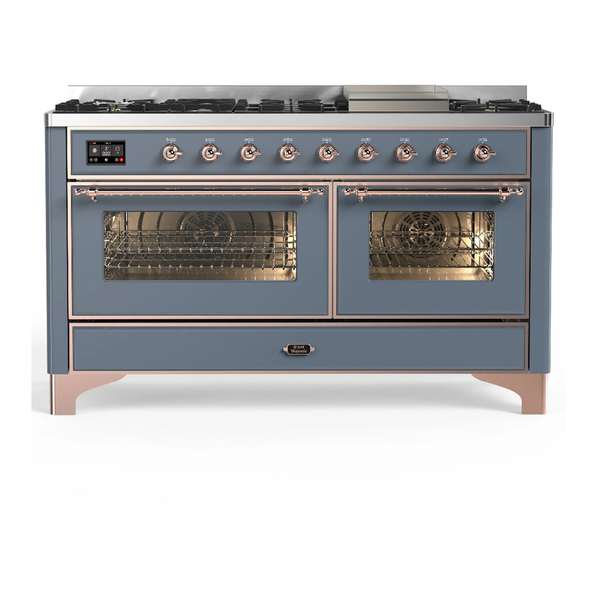 ILVE Majestic III 60-Inch LP Dual Fuel Range, 5 Burners, Griddle, Triple Glass Door Oven, Blue Grey with Copper Trim (UM60FNR3BGPLP)