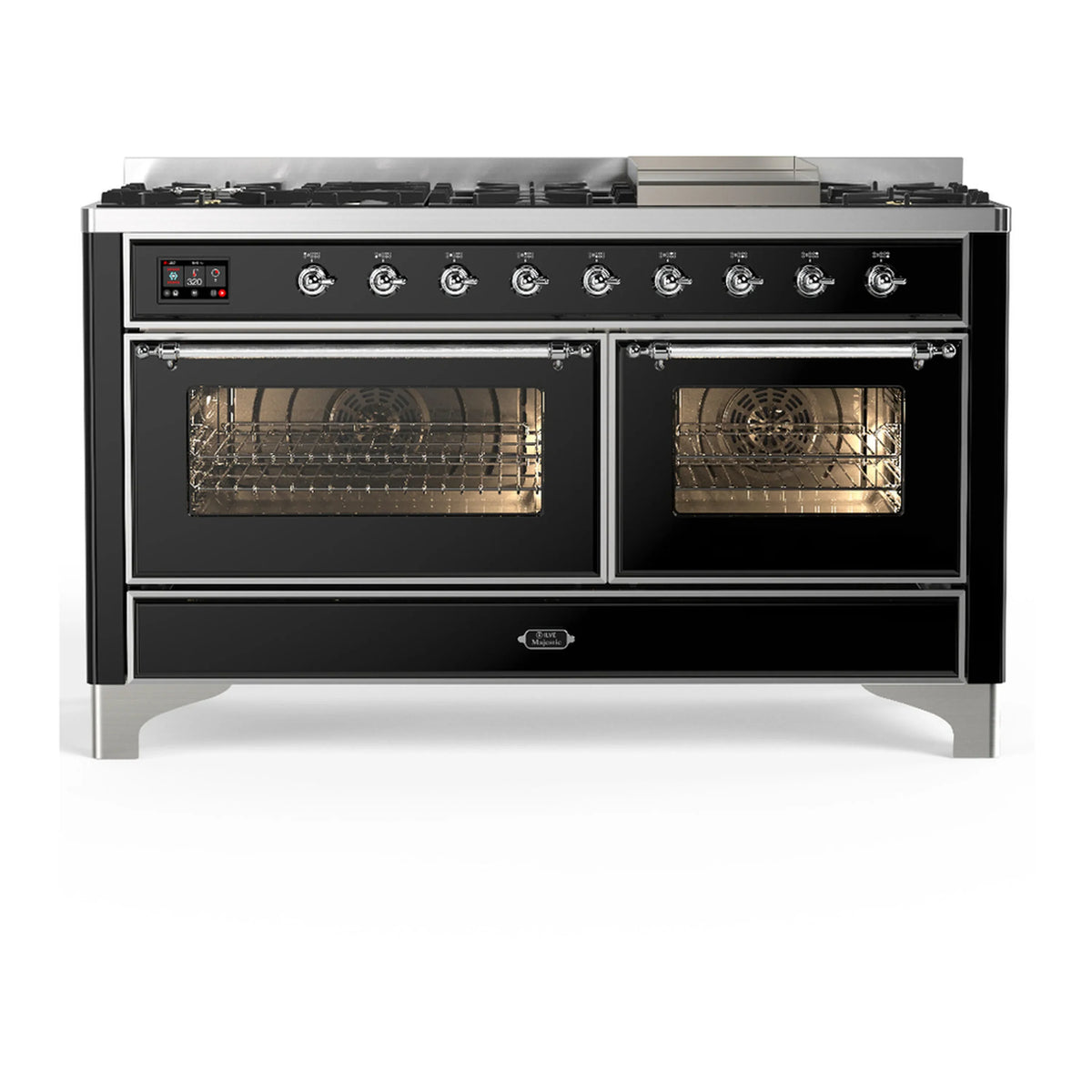 ILVE Majestic III 60-Inch NG Dual Fuel Range, 7 Burners, Griddle, Triple Glass Door Oven, Glossy Black with Chrome Trim (UM60FNR3BKC)