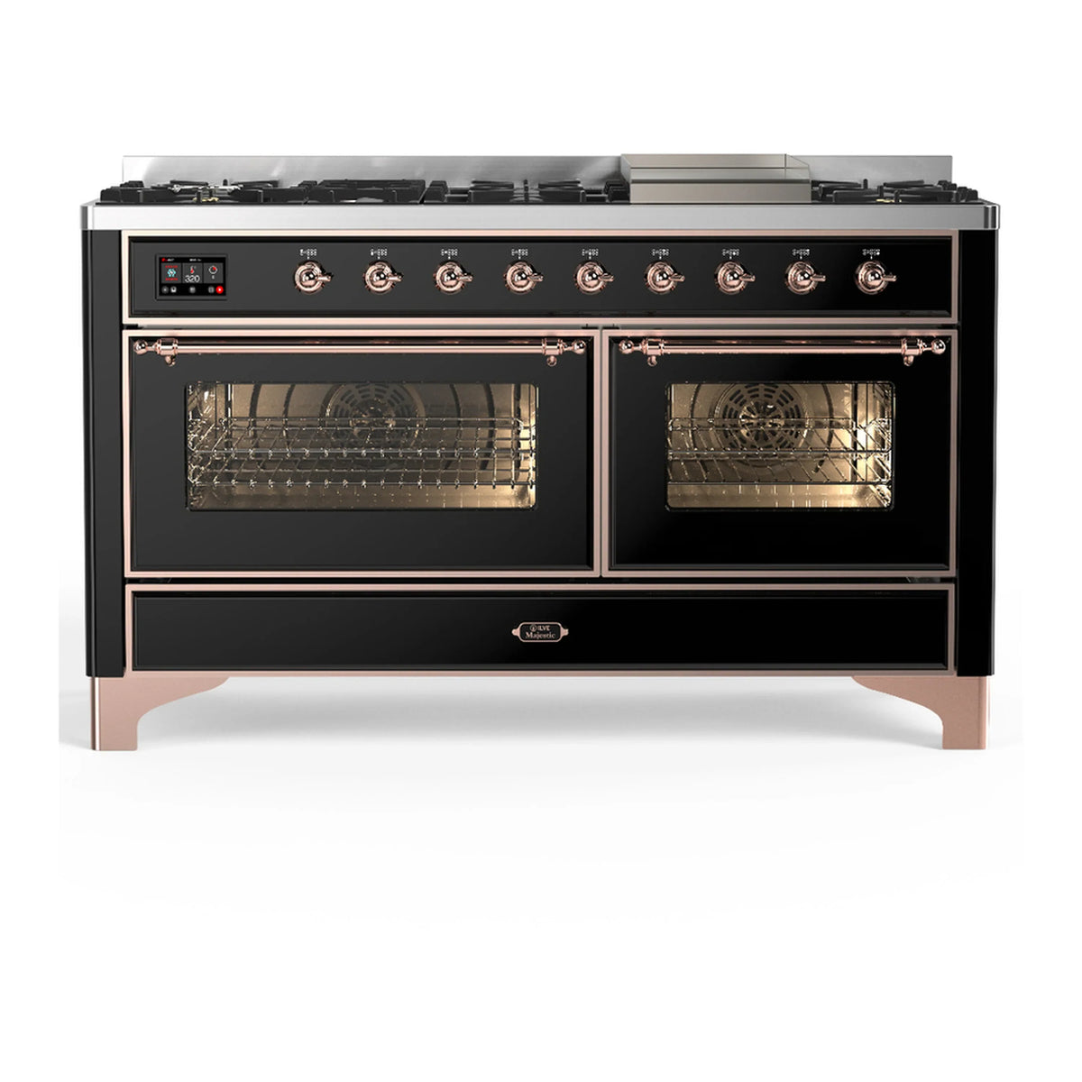 ILVE Majestic III 60-Inch NG Dual Fuel Range, 7 Burners, Griddle, Triple Glass Door Oven, Glossy Black with Copper Trim (UM60FNR3BKP)