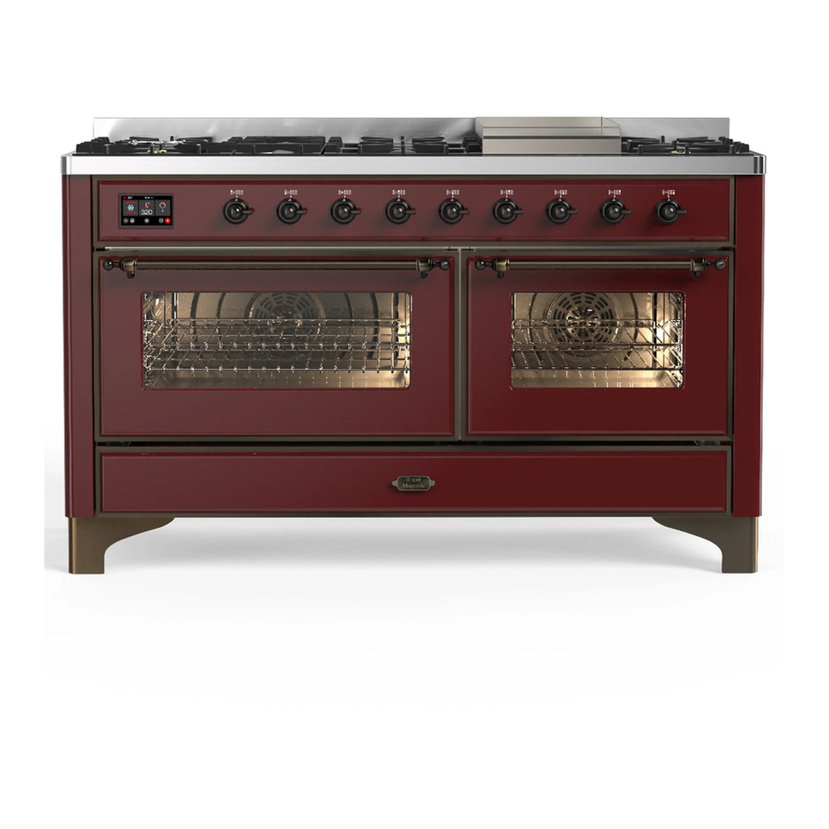 ILVE Majestic III 60-Inch LP Dual Fuel Range, 5 Burners, Griddle, Triple Glass Door Oven, Burgundy with Burnished Trim (UM60FNR3BUBLP)
