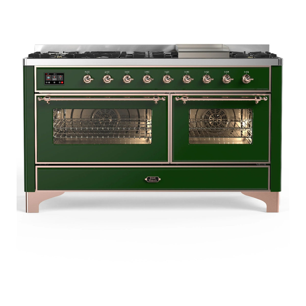 ILVE Majestic III 60-Inch LP Dual Fuel Range, 5 Burners, Griddle, Triple Glass Door Oven, Emerald Green with Copper Trim (UM60FNR3EGPLP)